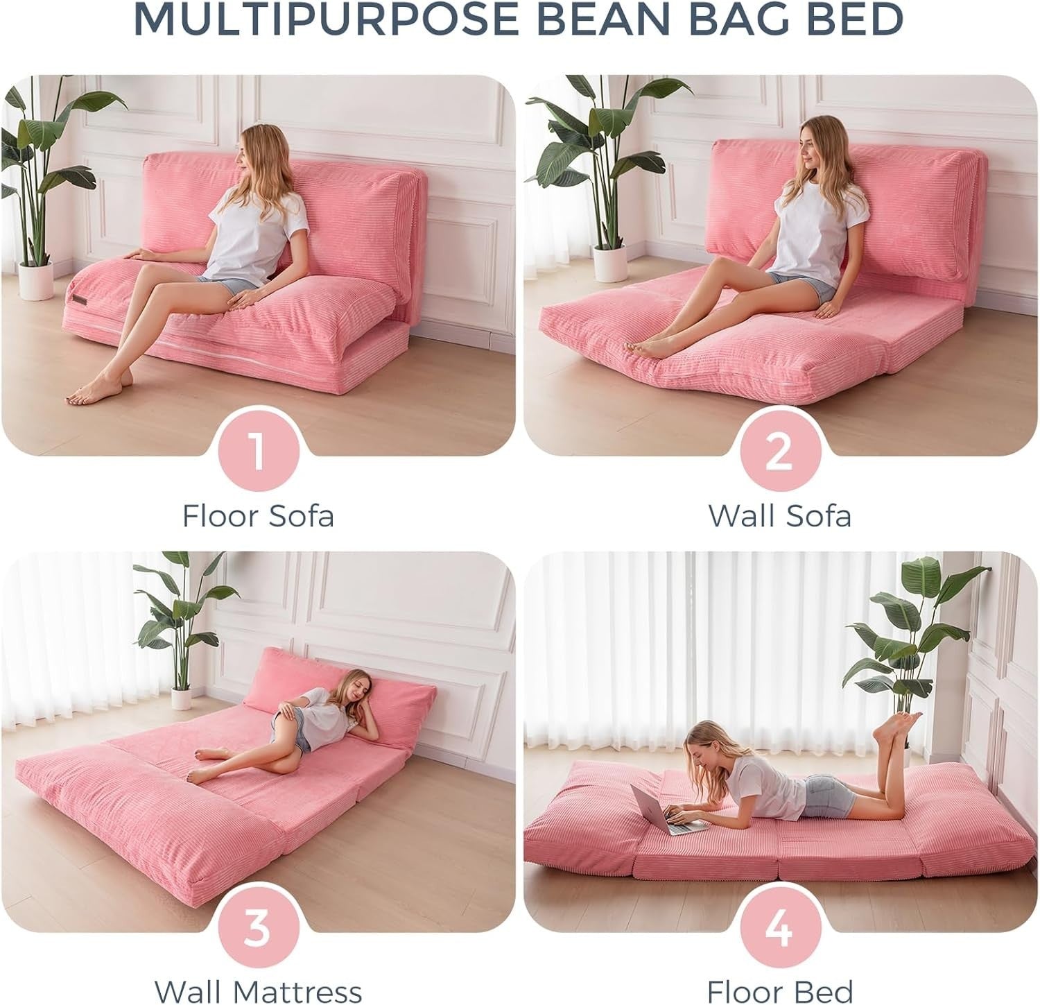 Pink Corduroy 4 Fold Sofa Floor Bed Chair 75x240cm Washable Cover Foam
