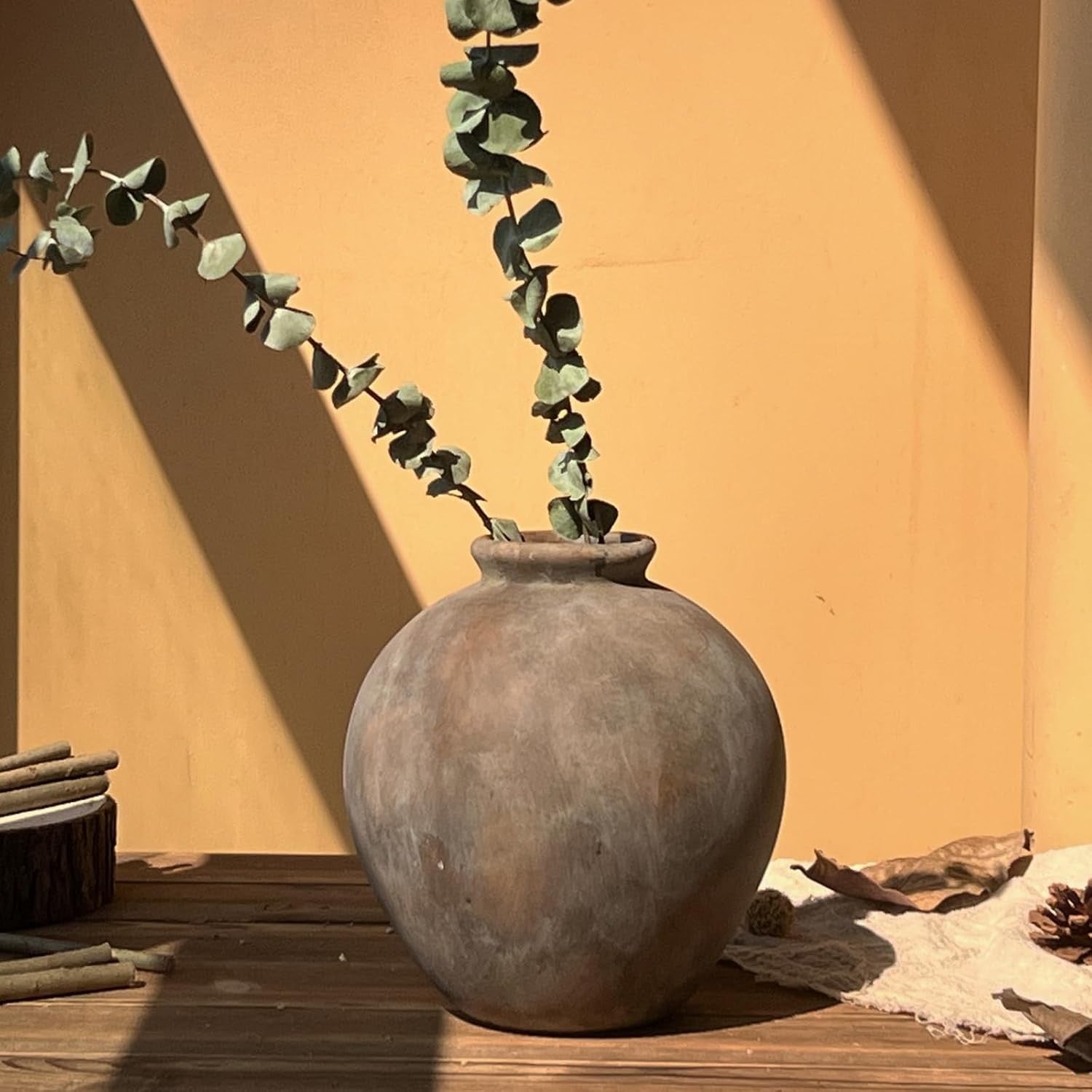 Large Rustic Ceramic Vase Brown Round Decorative Flower Vase 22cm Home Decor