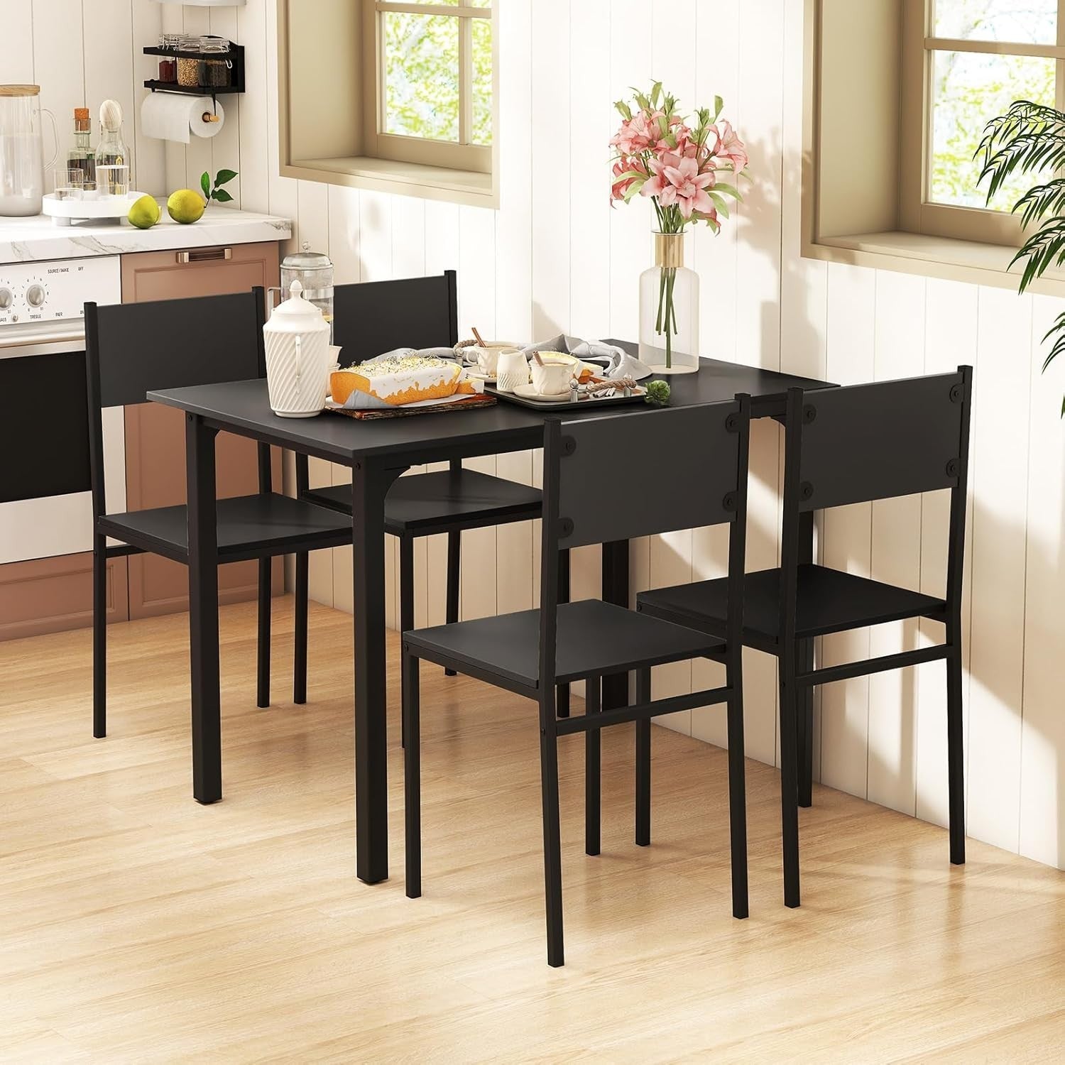 4 Seater Dining Table Set Space Saving Metal Frame Kitchen Room Black