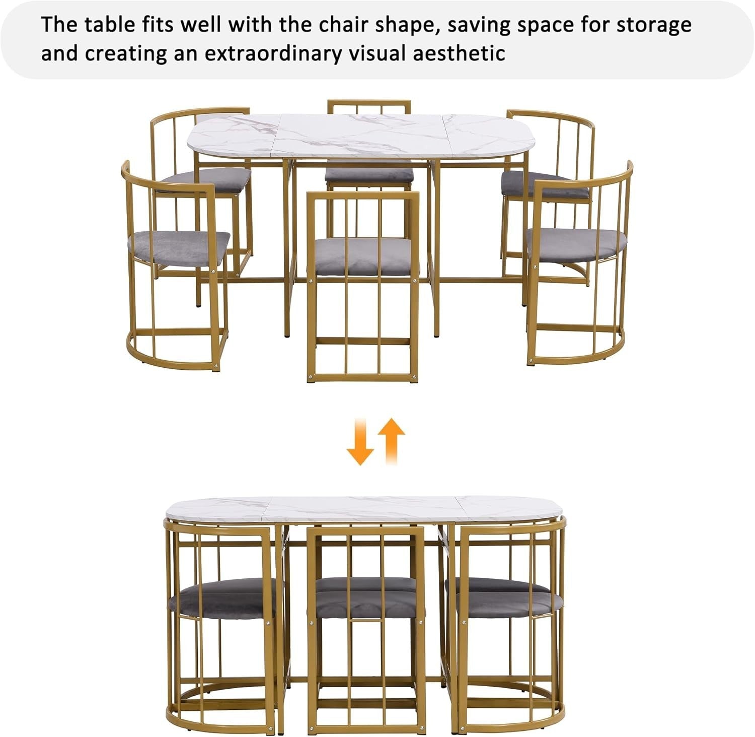Modern 6-Seater Dining Table Set Grey Upholstered Chairs Gold Frame 140x80cm