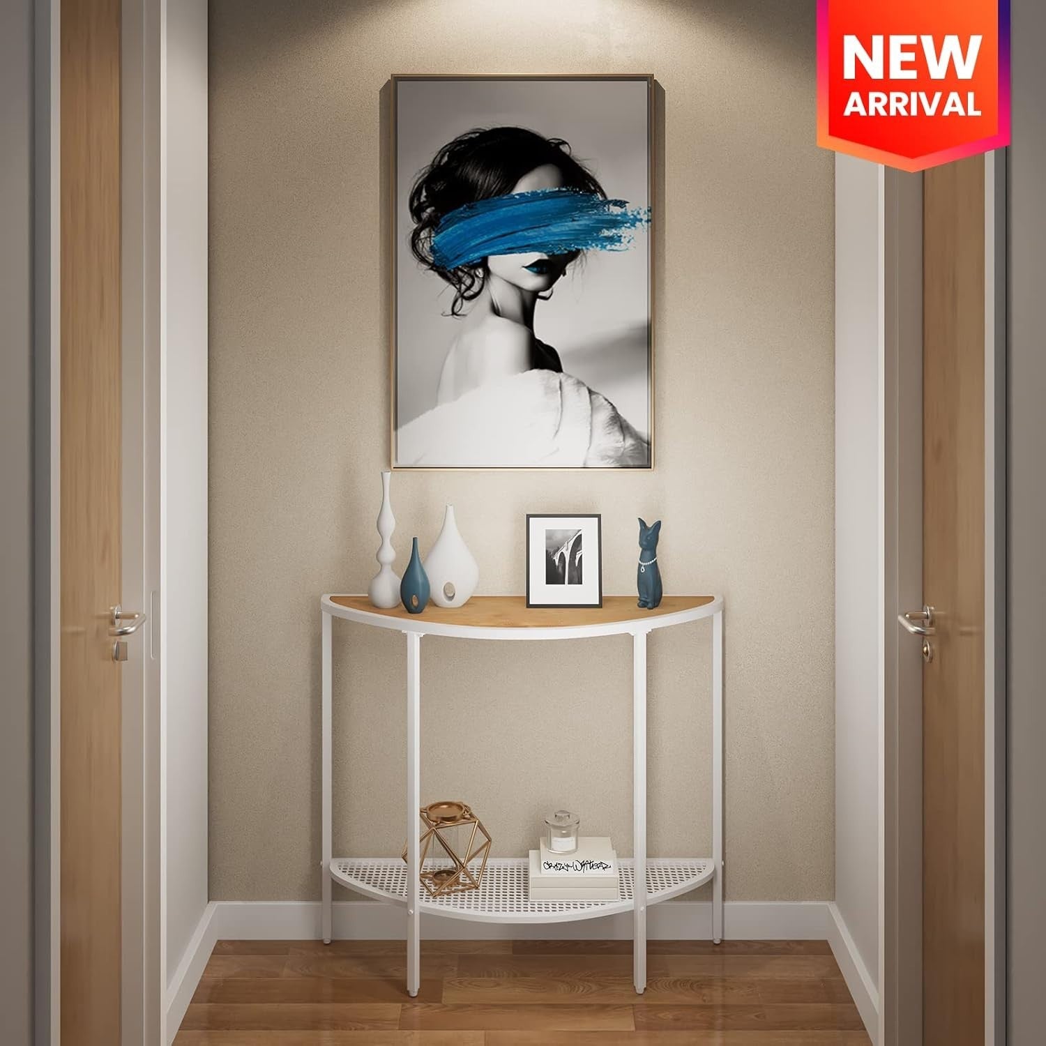 Slim Half Moon Console Table with Shelf, Narrow Hallway Entryway Table
