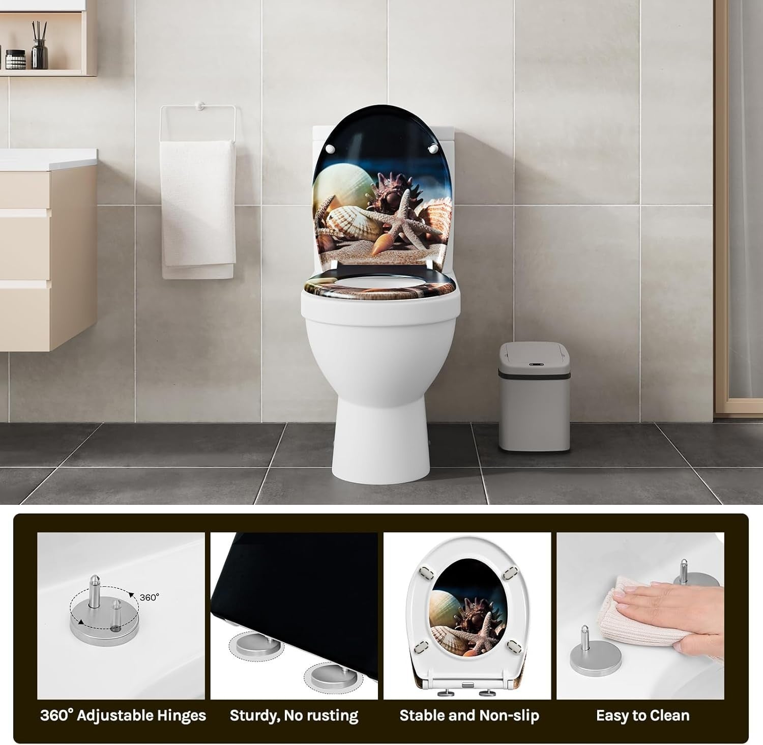 O-Shaped Toilet Seat Soft Close Quick Release Duroplast Sea Pattern Top Bottom