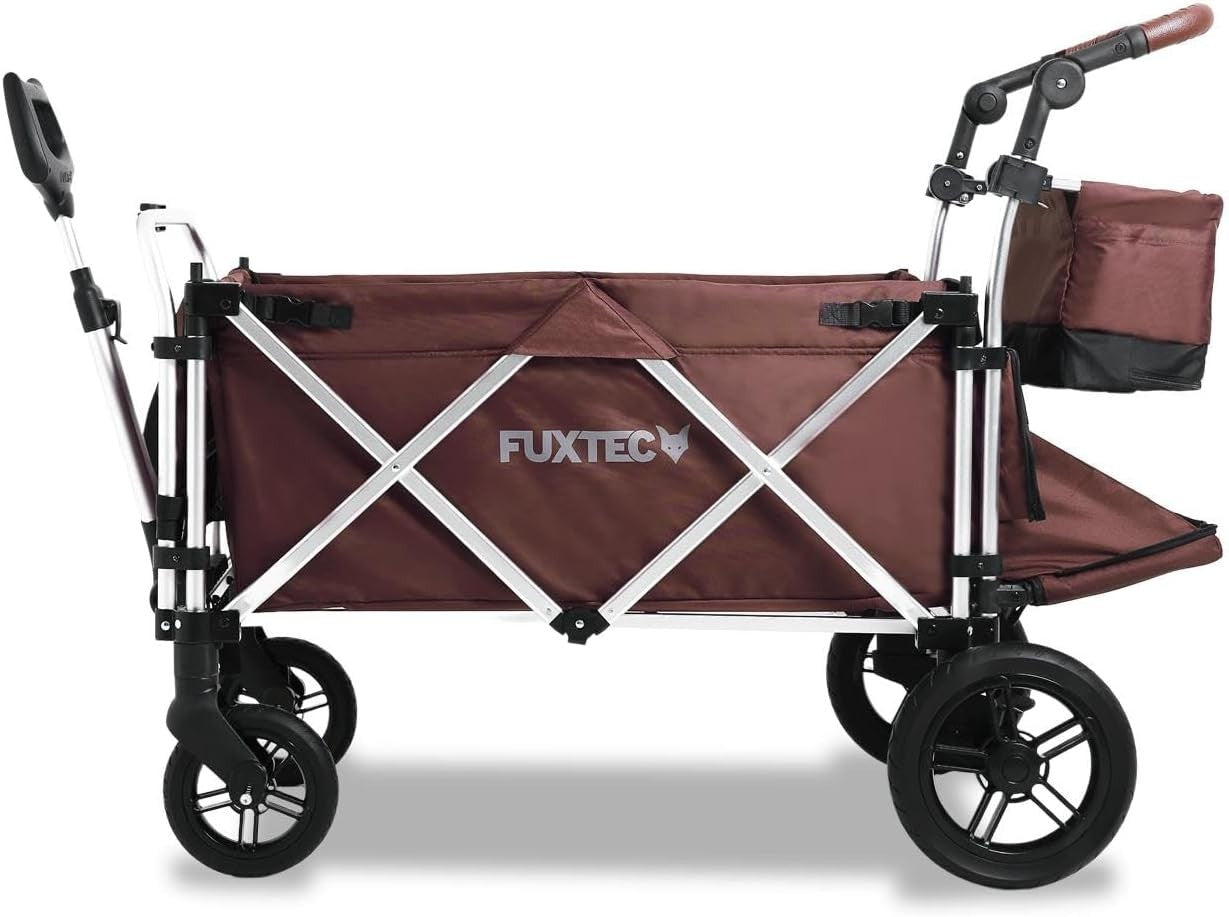 Brown All-Terrain 2-Seater Folding Kids Wagon Push Pull Stroller w/ Roof