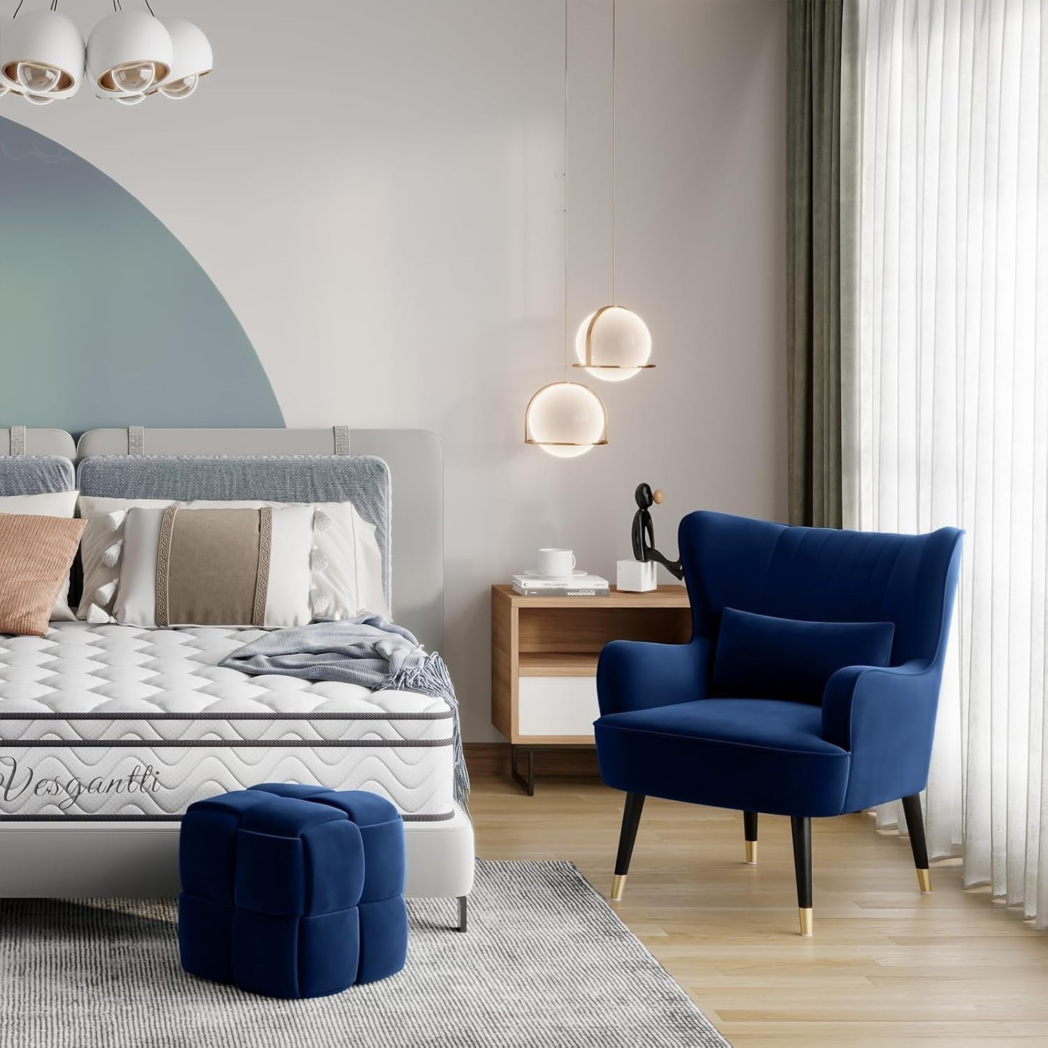Velvet Blue Wingback Armchair with Lumbar Pillow | Stylish, Comfy Lounge Seat