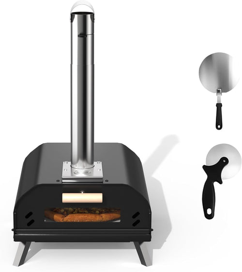 Portable 12" Outdoor Wood Fired Pizza Oven | Stone Grill w/ Peel & Cutter Set