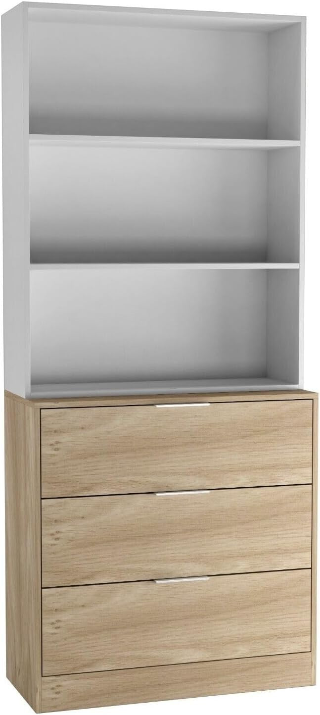 Oak & White 3 Drawer Storage Cabinet with Bookcase – 60cm Wooden Chest
