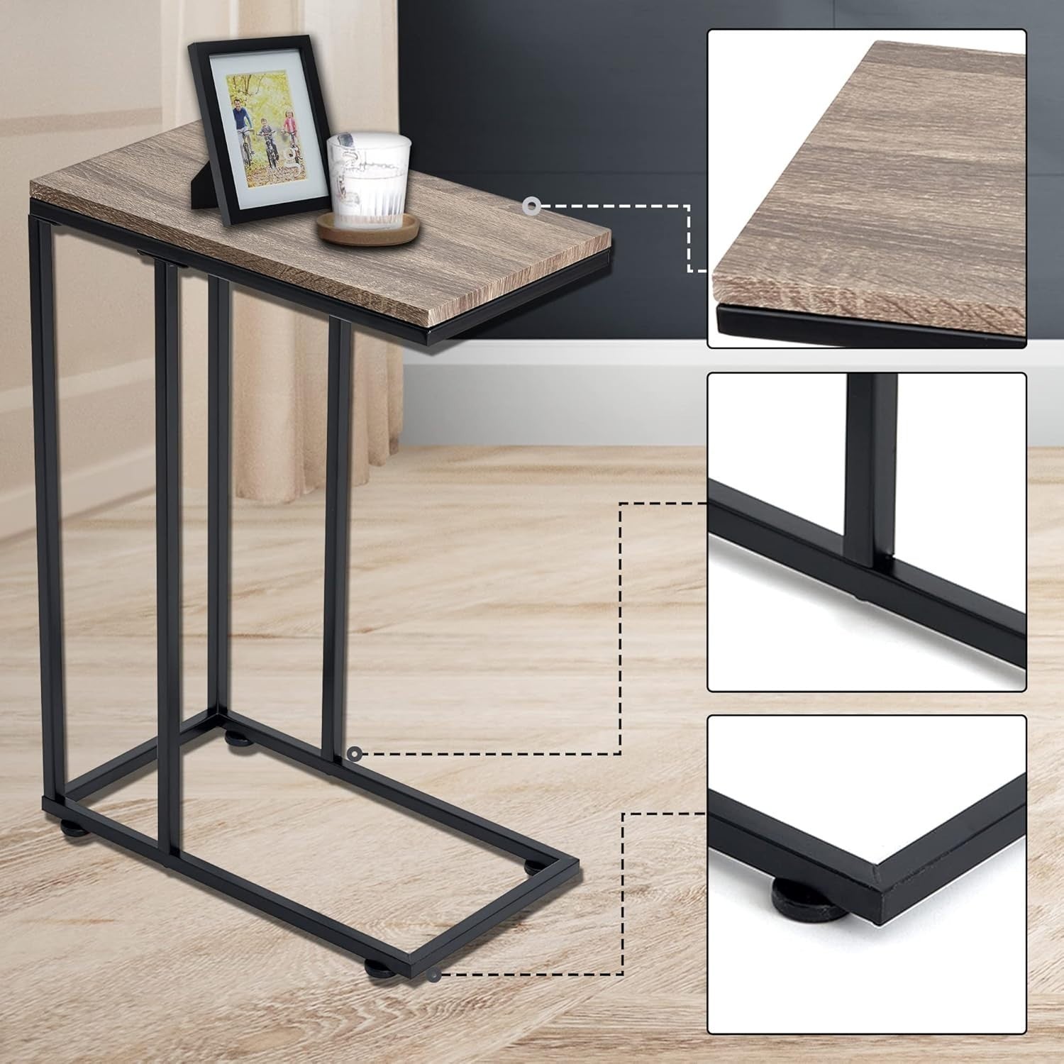 C Shape Light Wood Side Table for Sofa Bed | Slim Snack & Laptop Table