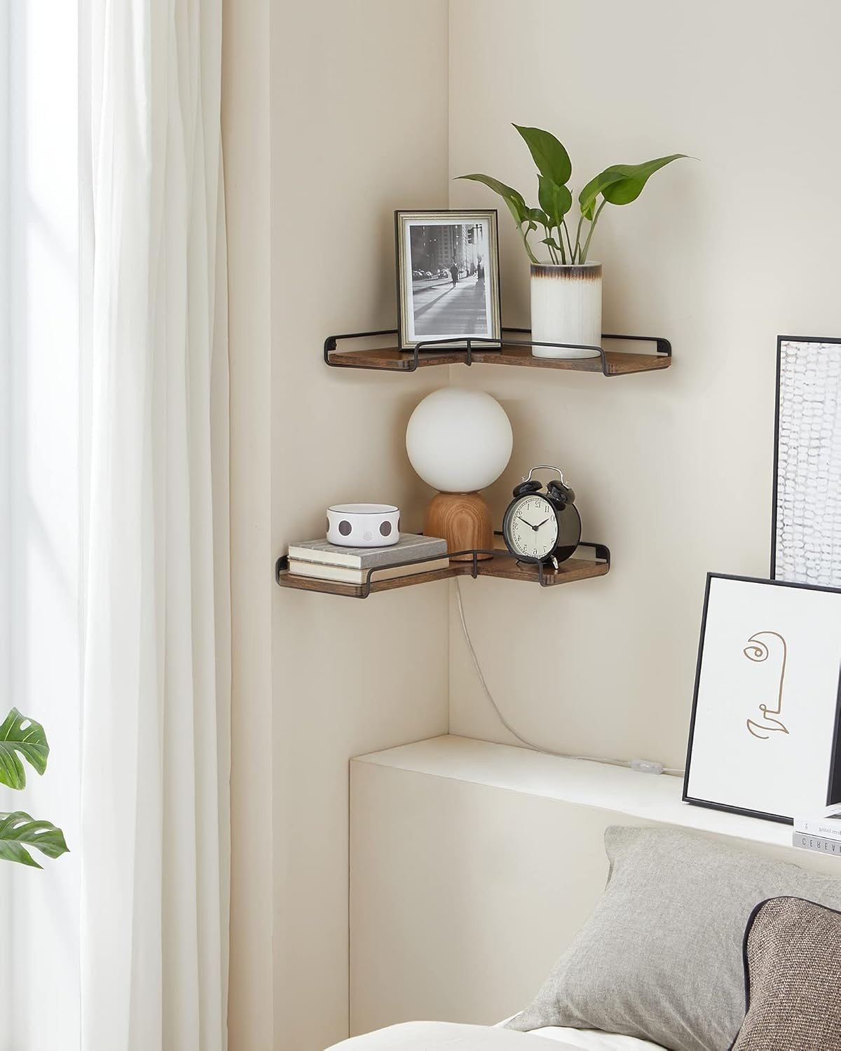 Rustic L-Shaped Floating Corner Shelves Set of 2 Wall Mounted Storage Rack
