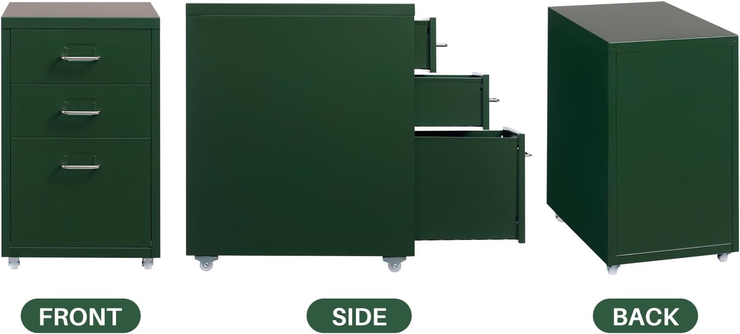 Dark Green Metal Rolling Drawer Cabinet 3 Tier Under Desk Storage
