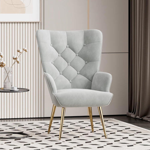 Velvet High Back Armchair Wing Back Gold Legs Grey