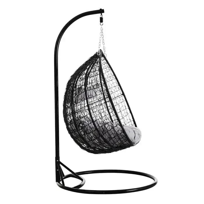 Double Hanging Egg Chair Black Rattan Swing Seat with Grey Cushions Outdoor