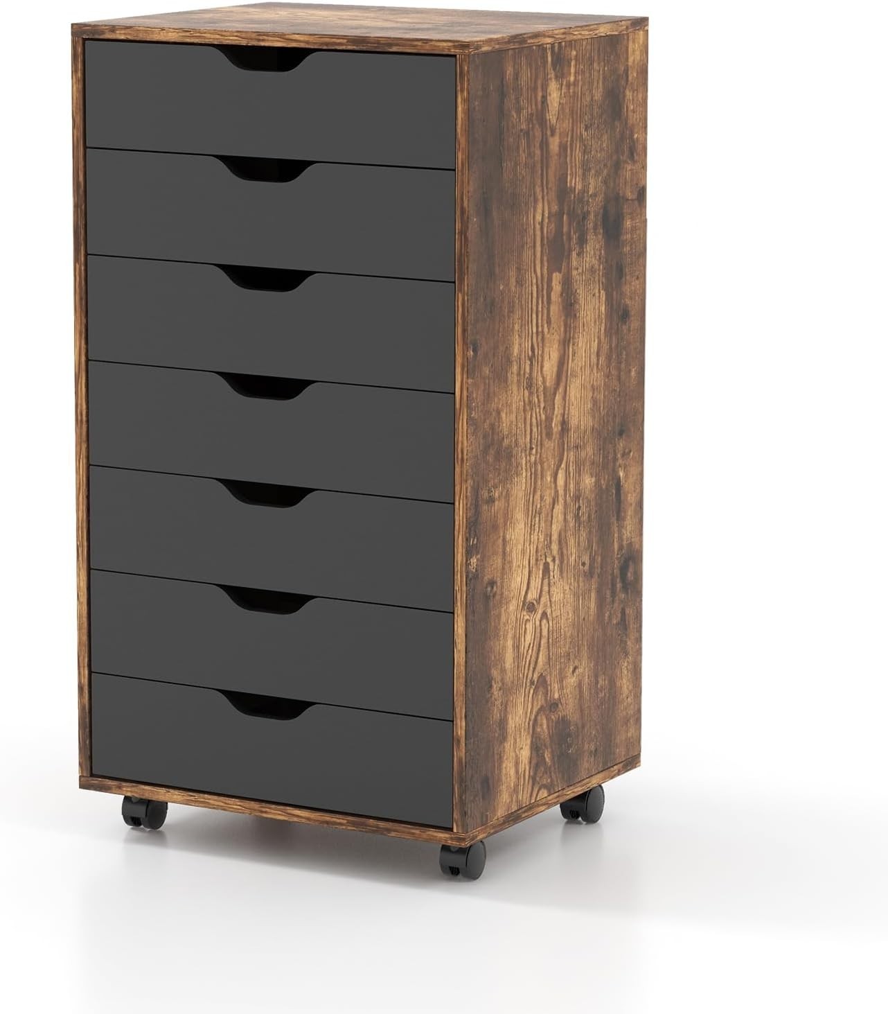 Rustic Brown Mobile Filing Cabinet 7 Drawer Storage Unit Wheels for Home Office