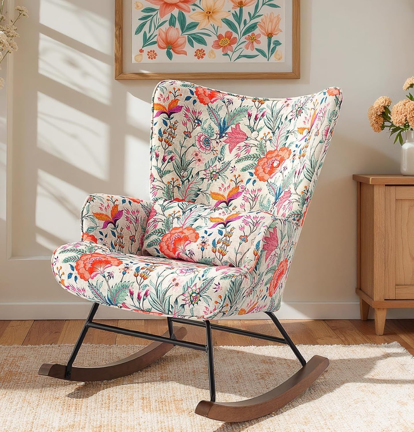 Floral Rocking Chair with Lumbar Support – Comfy Wood Accent Armchair 90cm
