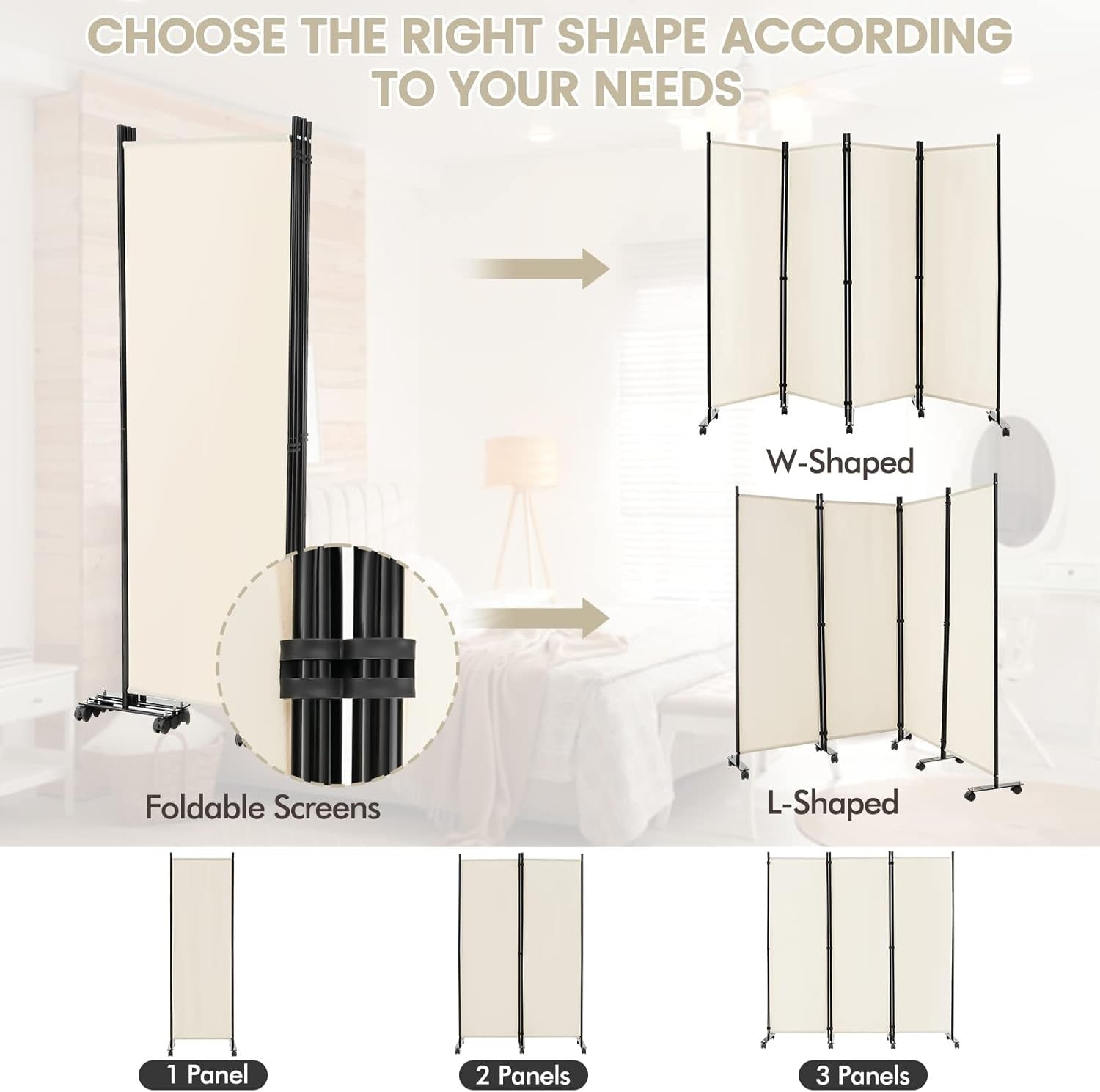 4 Panel Beige Folding Room Divider Privacy Screen on Wheels for Home Office