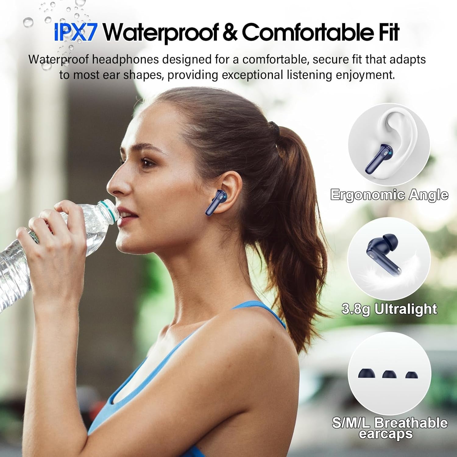 Bluetooth 5.4 ANC Earbuds Touch Screen Noise Cancel 40H IP7 Waterproof Blue