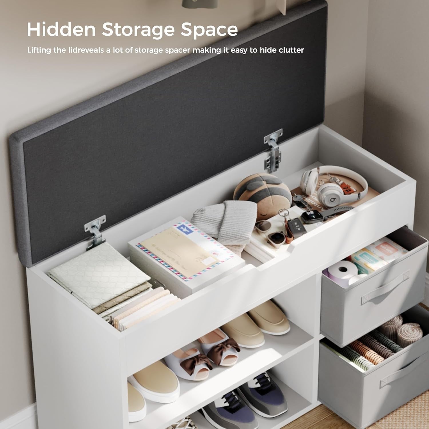 White Shoe Storage Bench with Cushion & Adjustable Shelves, 80x48x30 cm