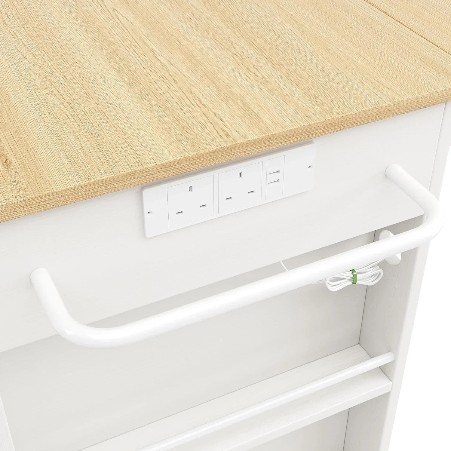 Kitchen Island Trolley with Drawers, Wine Rack & Power Strip, White 151.5x59.7x9