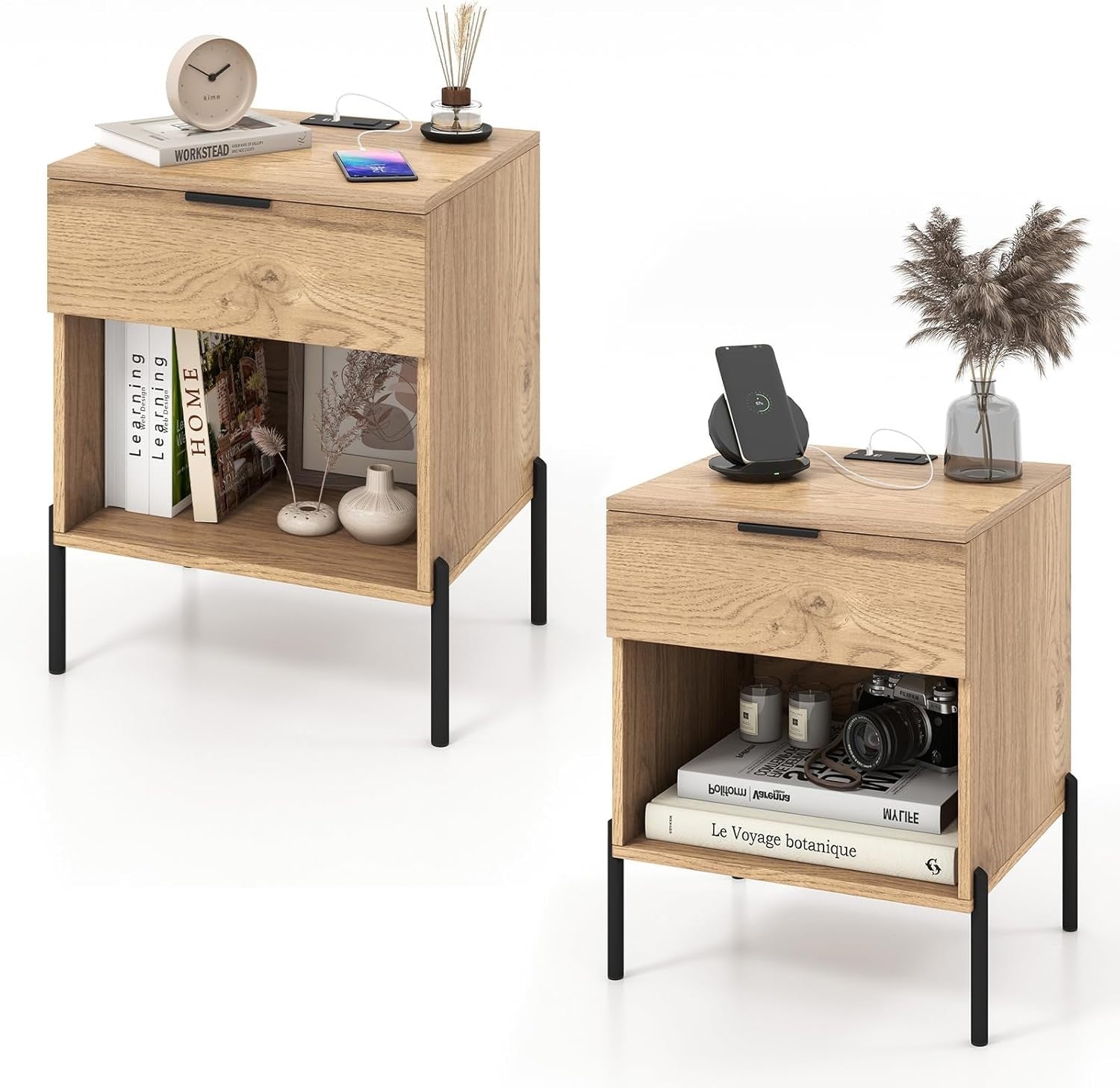 Bedside Table with Charging Station, Drawer & Metal Legs – Natural Wood