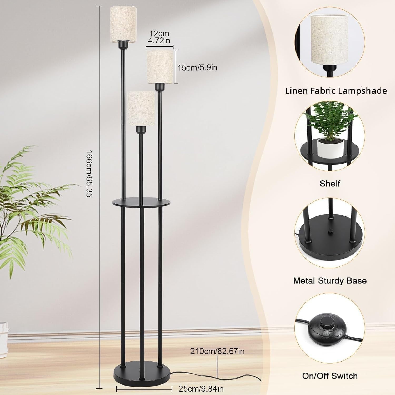 Industrial 3-Light Floor Lamp with Linen Shade, Shelves & Foot Switch