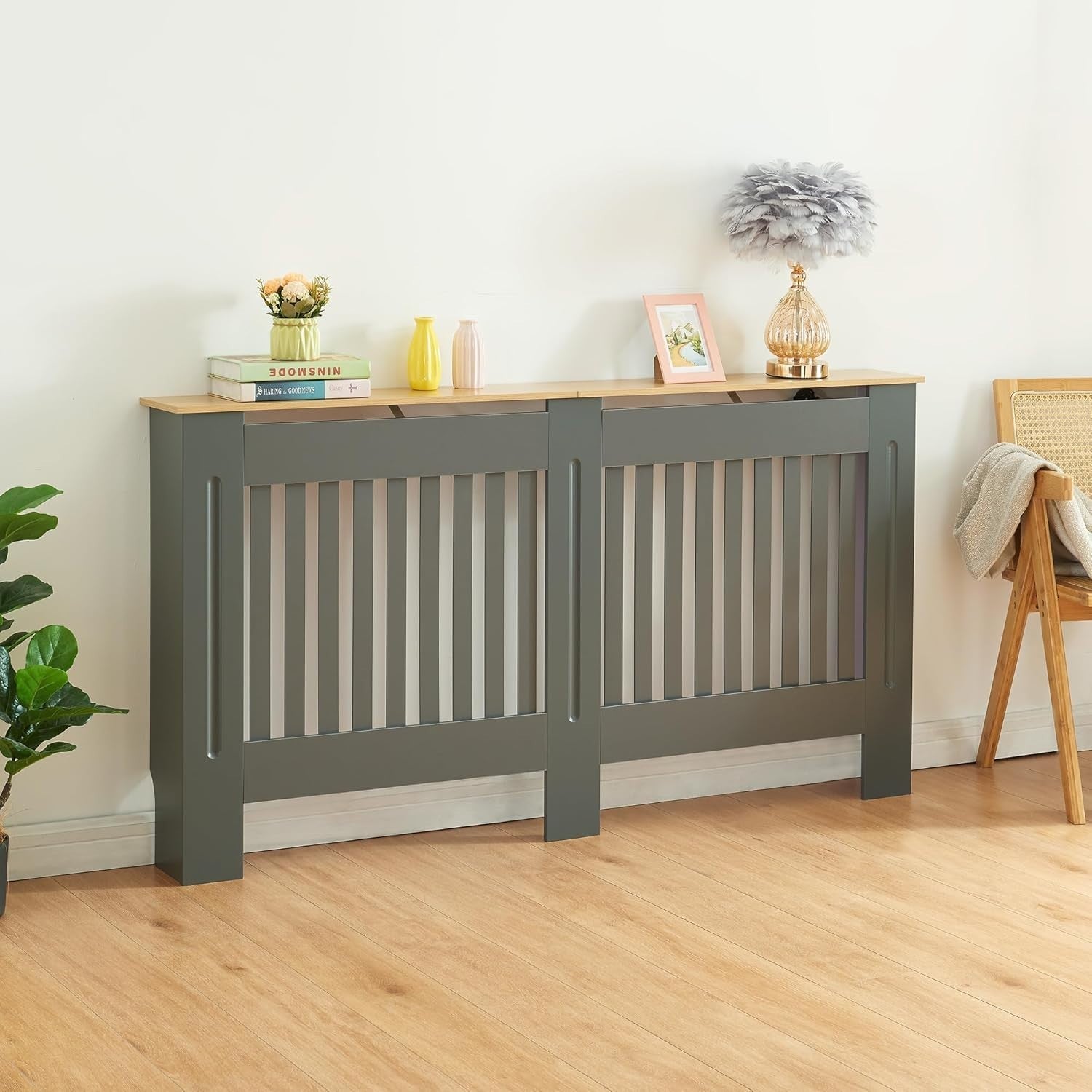 Large Grey Radiator Cover Slatted Wood Design 152cm Modern Heating Cabinet