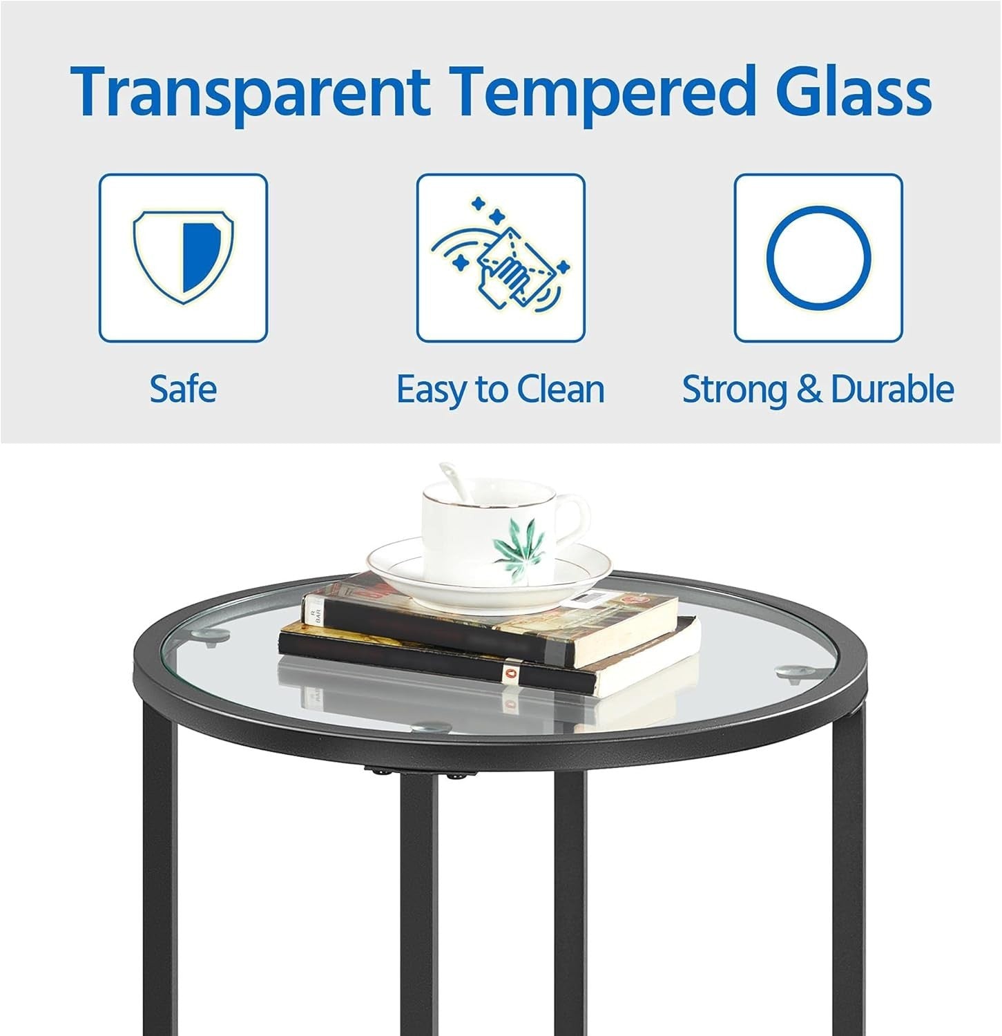 Modern Round Tempered Glass Side Table with Metal Frame, 40.5cm Top, Sturdy