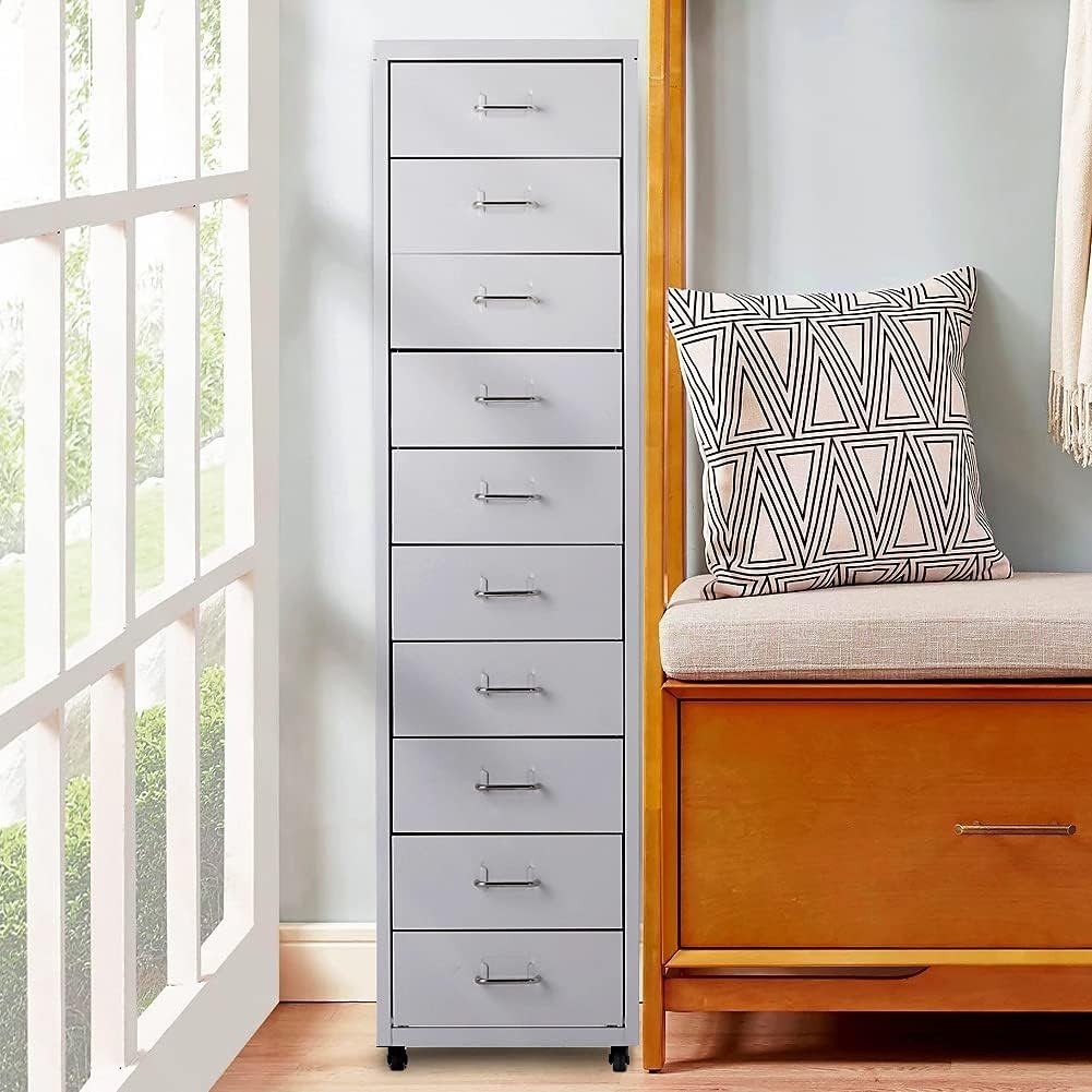 White Slim Rolling Drawer Tower 10 Tier Metal Office File Storage