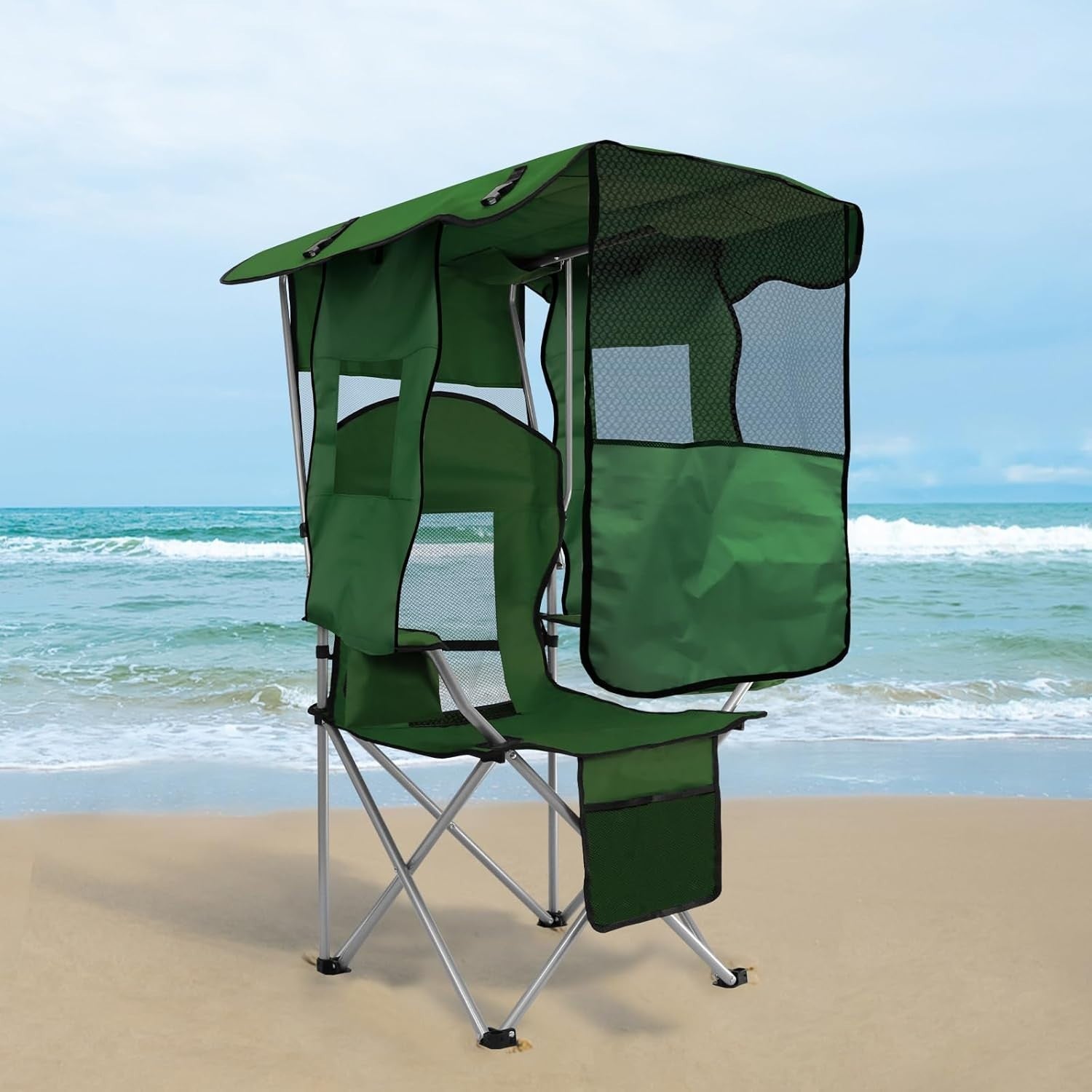 Foldable Camping Chair with Canopy Shade, Cooler Bag & Cup Holders Outdoor