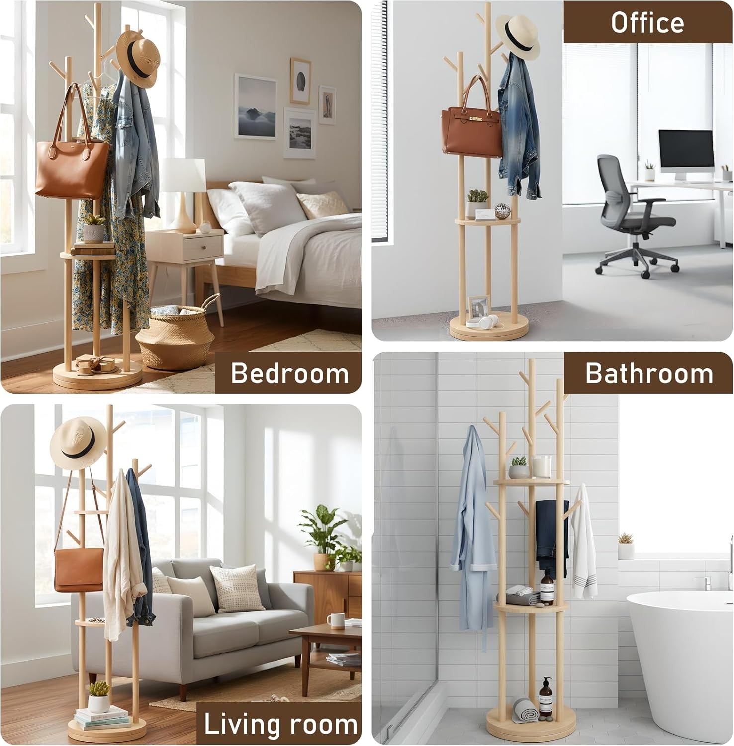 Wooden Coat Rack Stand with 8 Hooks & 3 Shelves | Freestanding Hall Tree