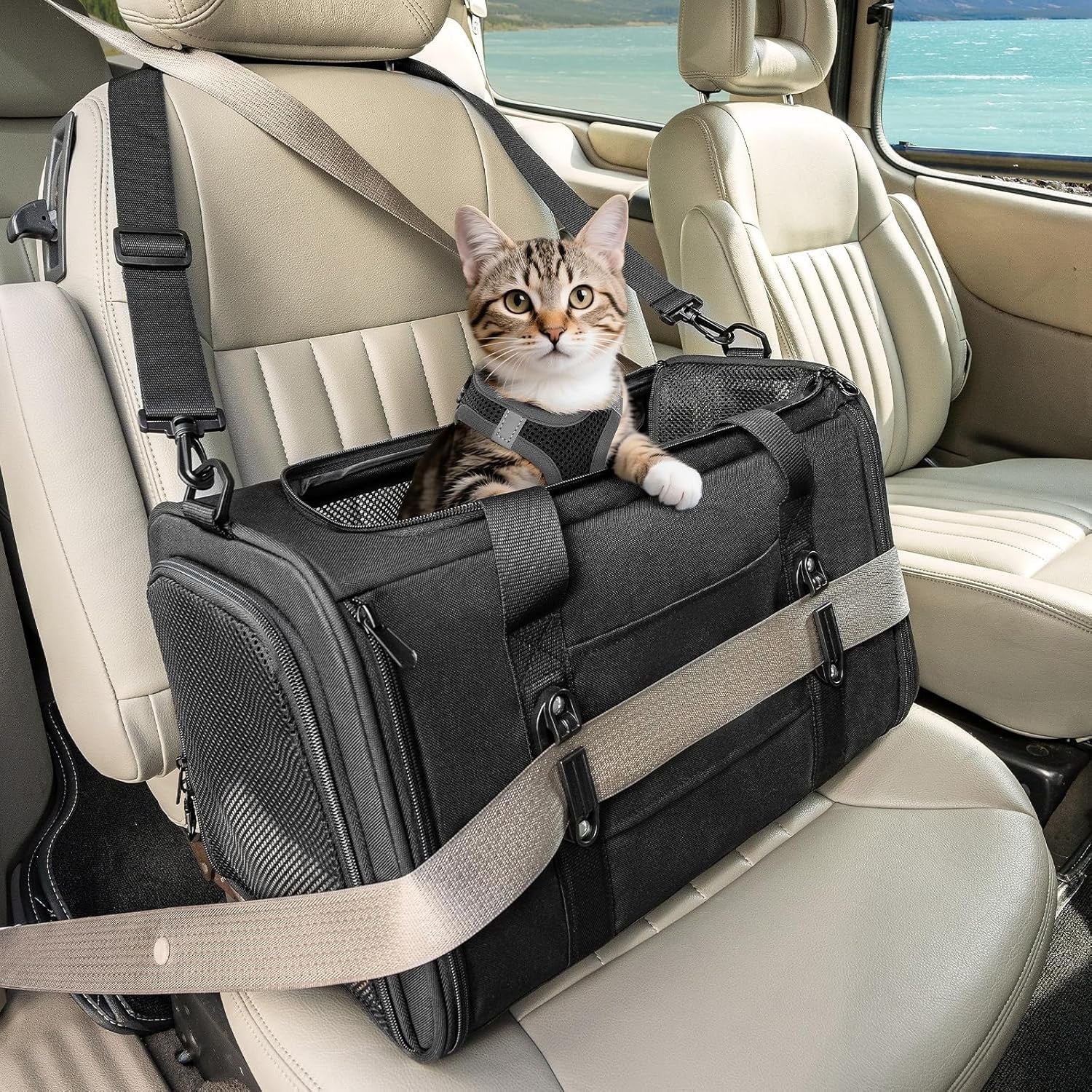 Escape Proof Cat Car Seat Carrier Safety Buckle Lockable Travel Bag