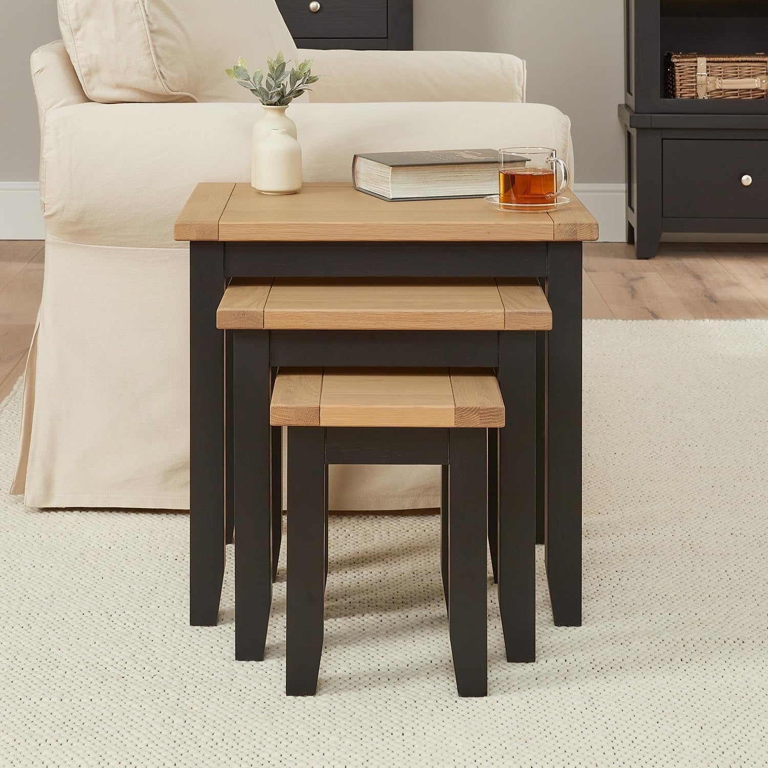 Space Saving Nesting Coffee Table Black Oak Wood Storage Rectangular 45cm