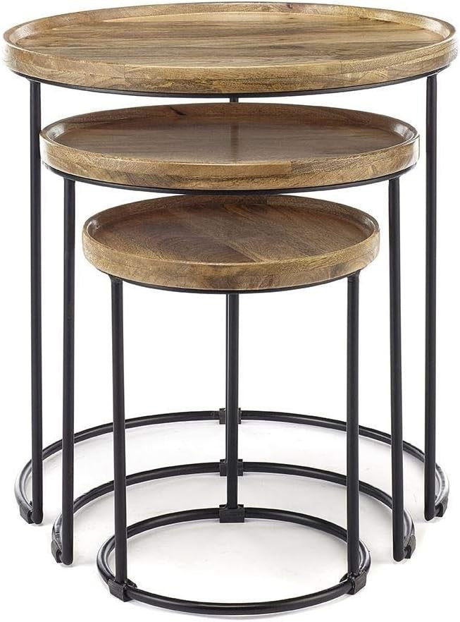 Wood Nesting Tables Set of 3 Round Oak Walnut Wood End Side Coffee Table New