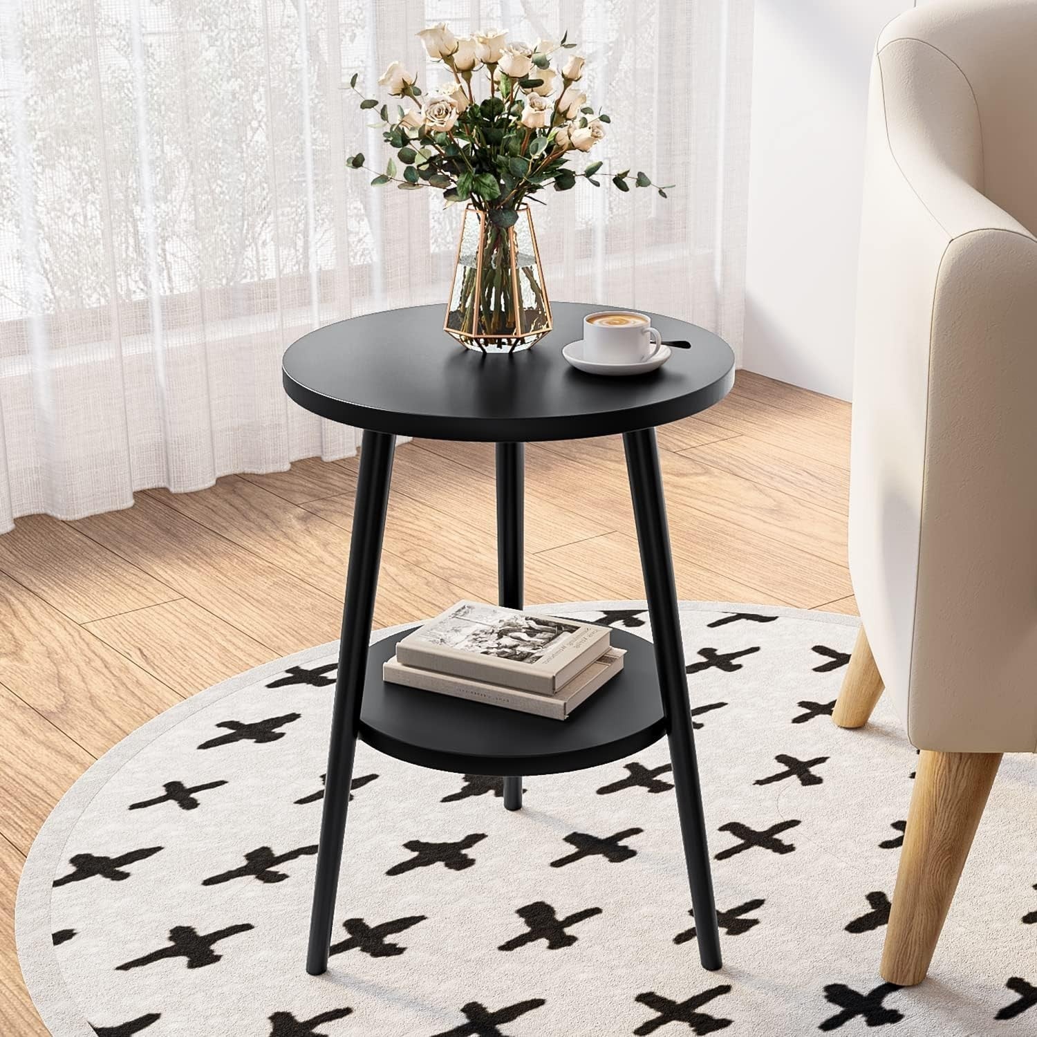Modern 2-Tier Round Side Table with Metal Frame & Storage, 38x55cm Black