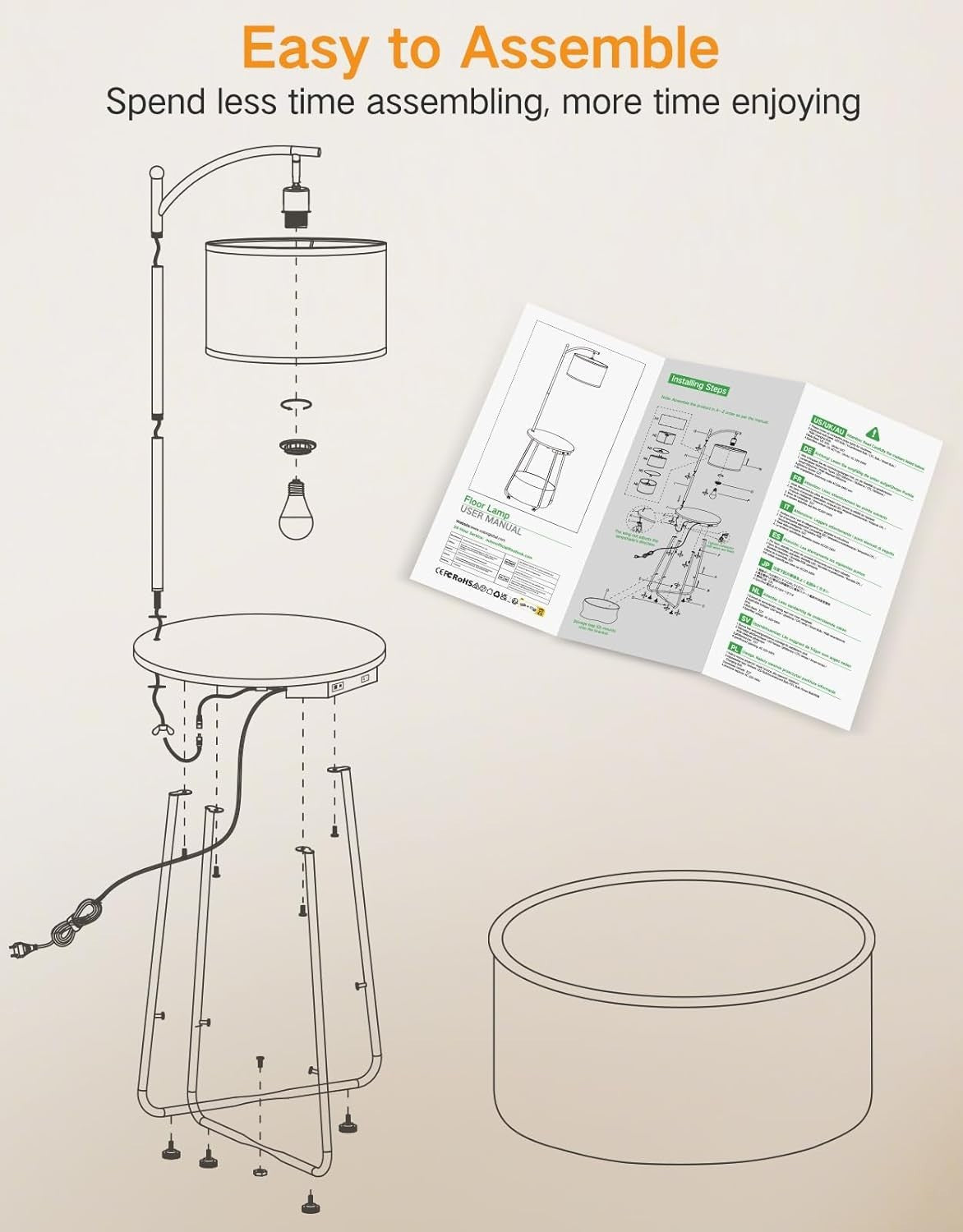 Multifunctional Floor Lamp with Table, USB Ports & Adjustable Light