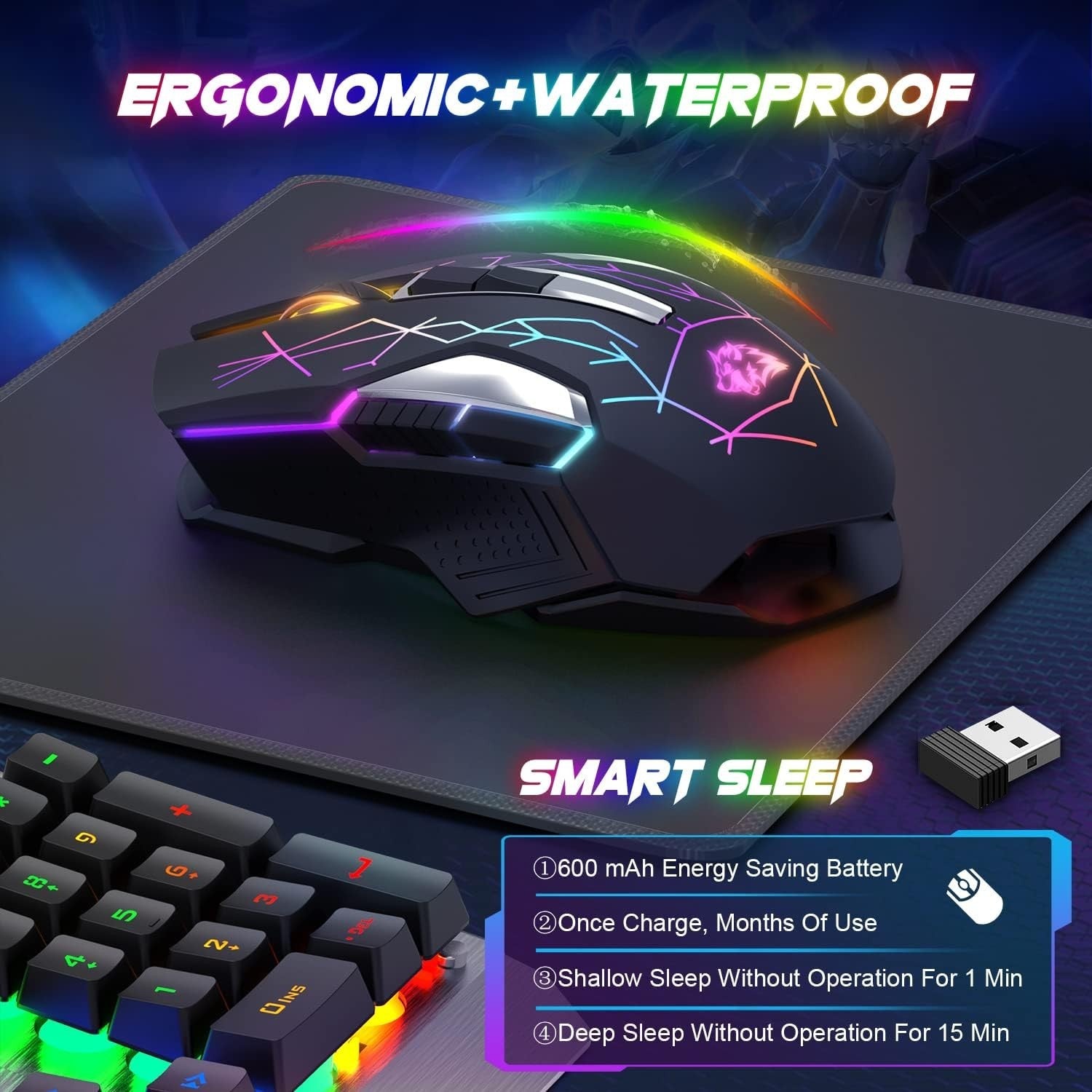 Wireless Gaming Mouse RGB Rechargeable 2400 DPI Silent 2.4G