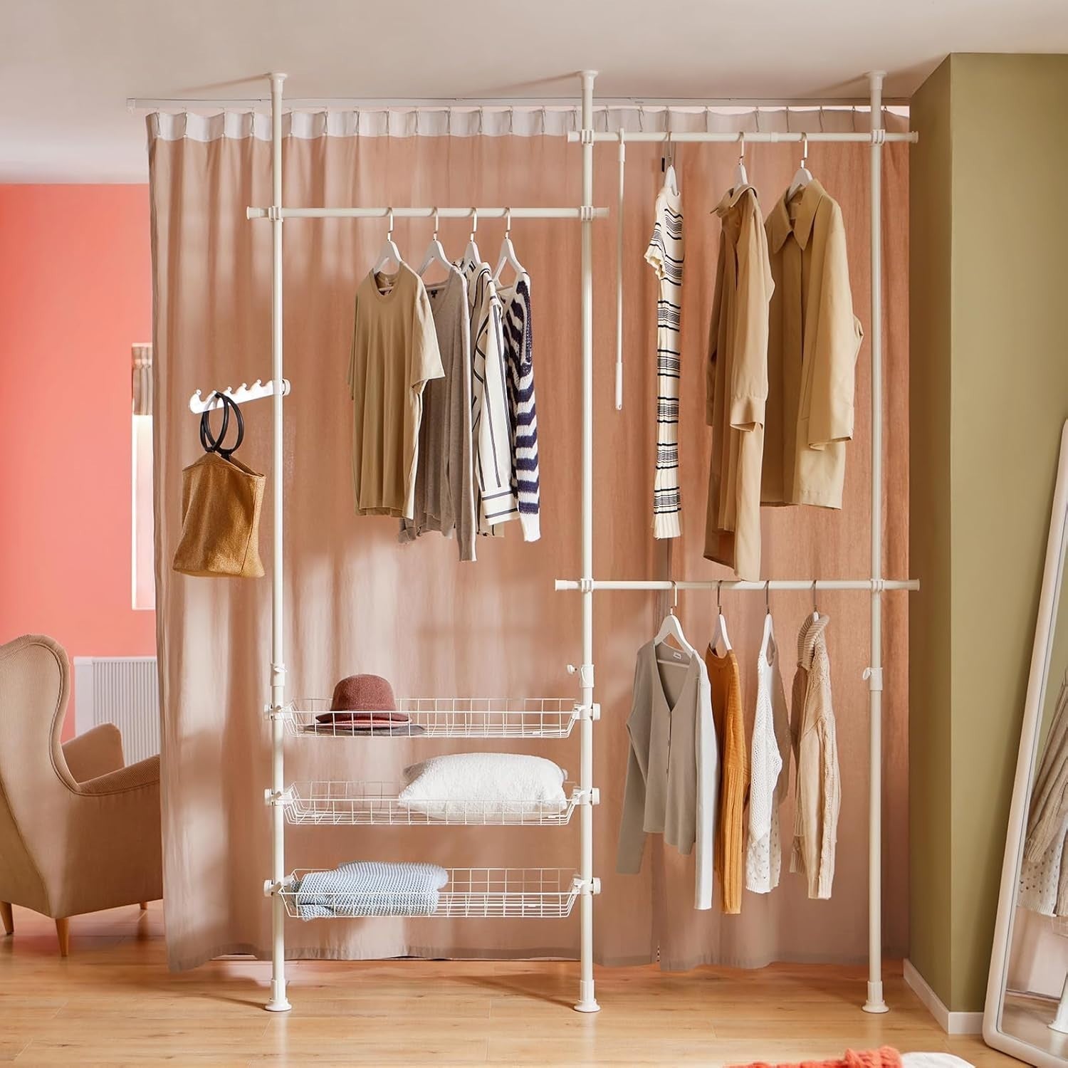 FRG34 Telescopic Clothes Rail White Heavy Duty Open Wardrobe