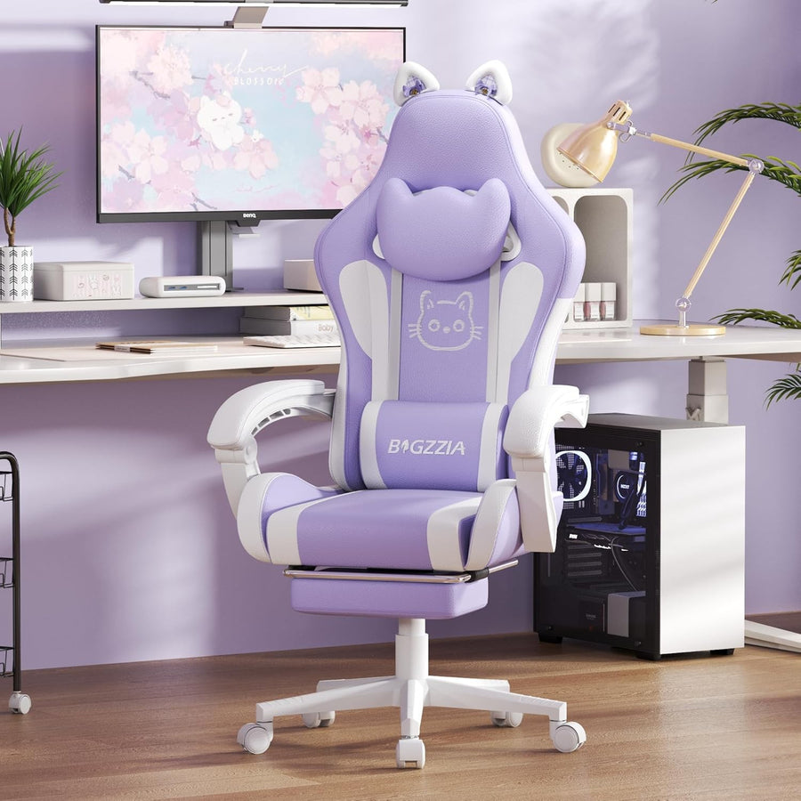 Purple Cat Ear Gaming Chair Massage Lumbar Recliner