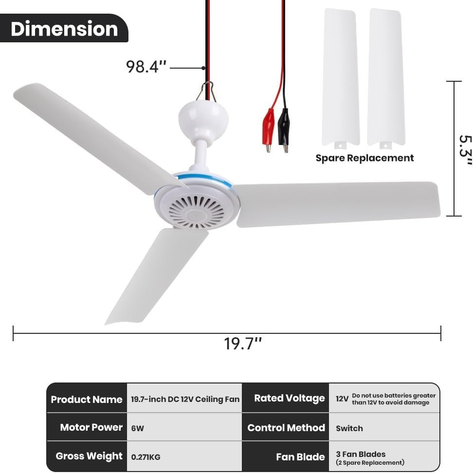 ESLOYSUN DC 12V Portable 19.7" Ceiling Fan, Battery Powered for Outdoor/RV