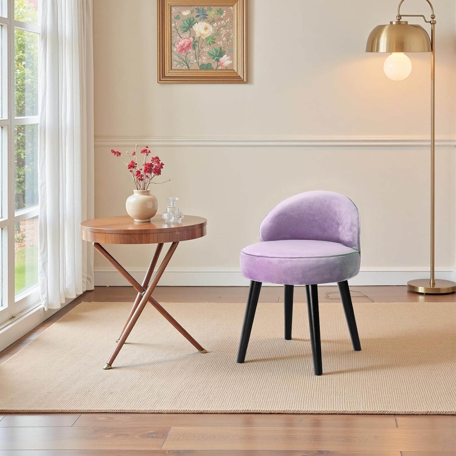 Purple Velvet Low-Back Vanity Stool with Wood Legs – Makeup Chair 49×49×68cm