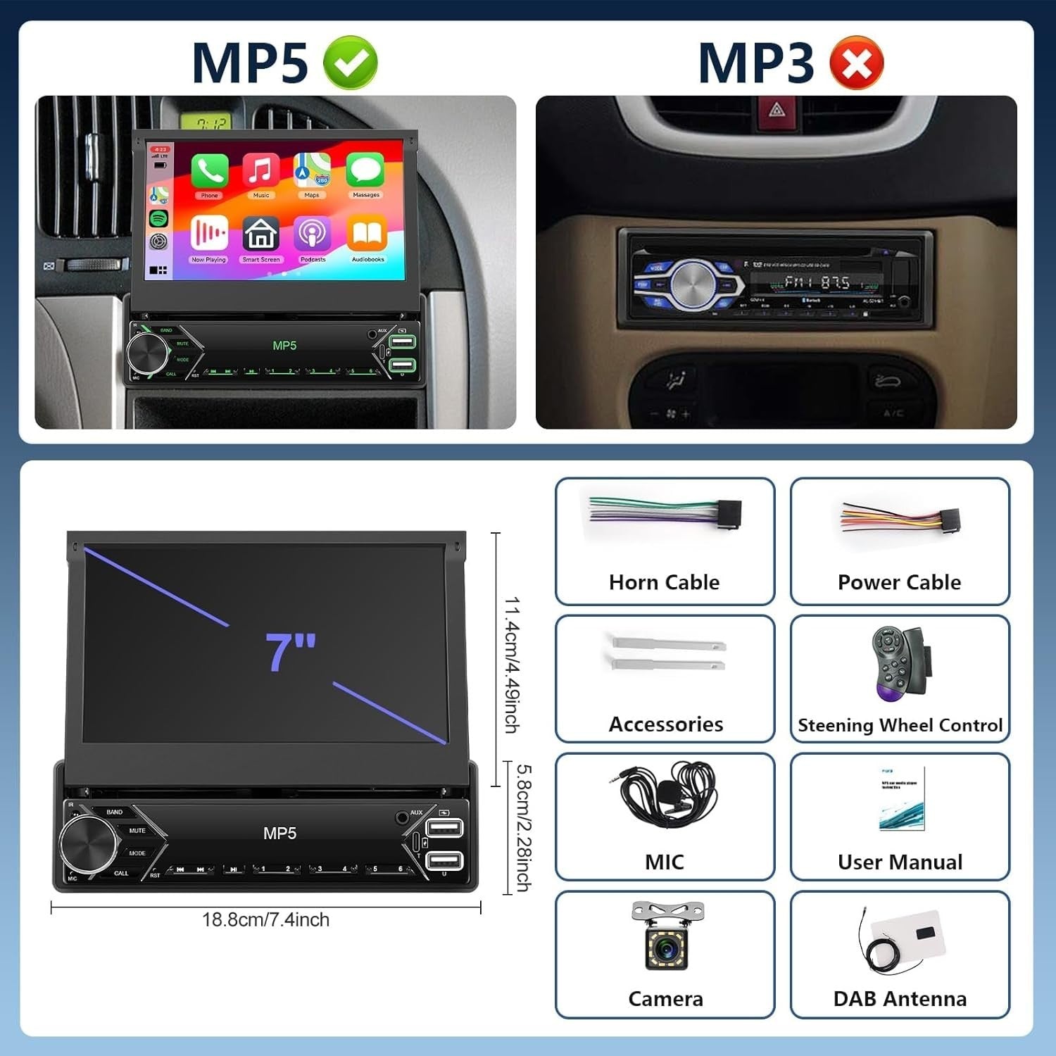 7" Touchscreen Car Stereo Wireless CarPlay Android Auto DAB+ FM