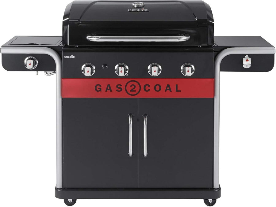 4 Burner Hybrid Gas Charcoal BBQ Grill Outdoor Family Barbecue with Side Shelves
