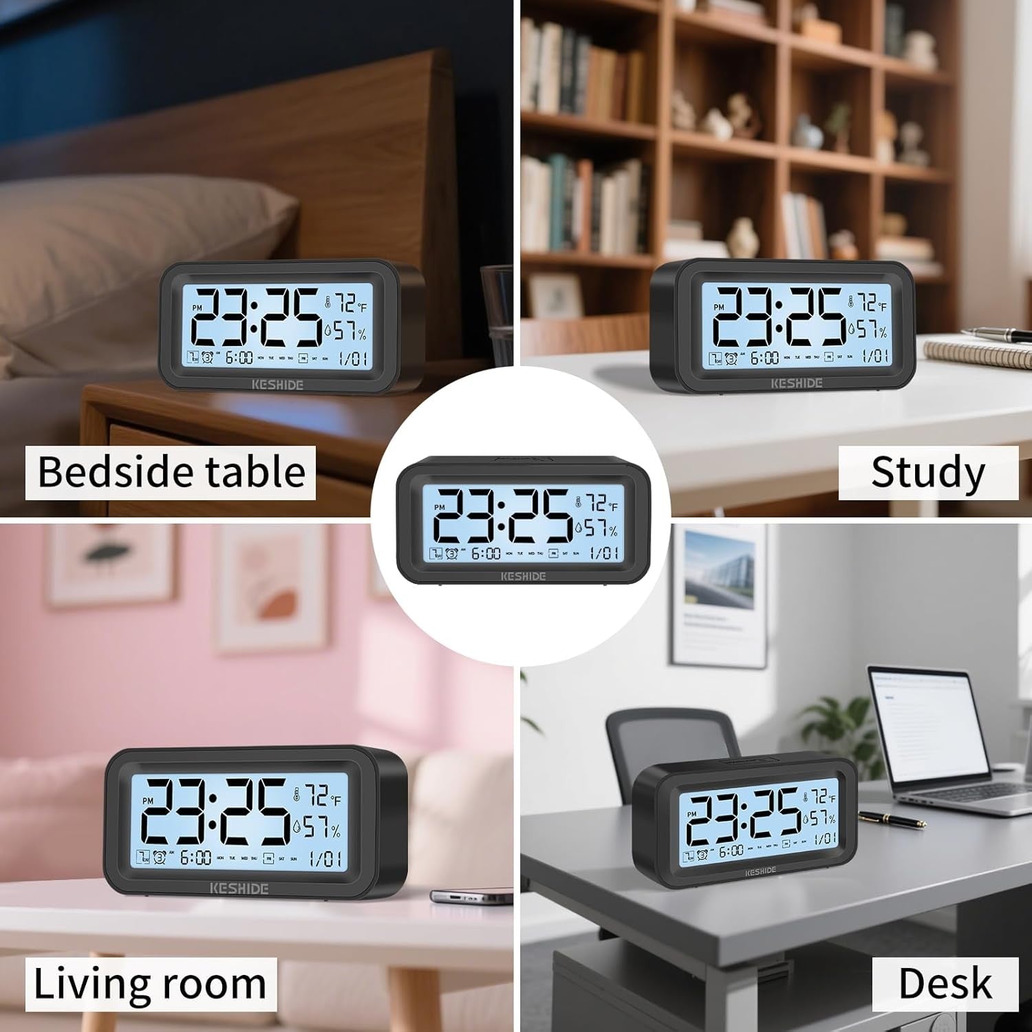Night Light Digital Alarm Clock Large Display Temp Humidity Snooze Bedroom