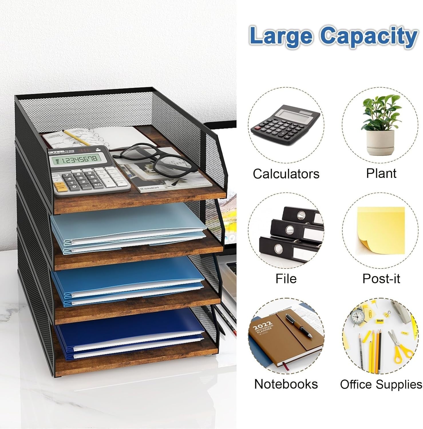 4-Tier Stackable Desk Paper Tray Organizer Metal & Wood Desktop Rack