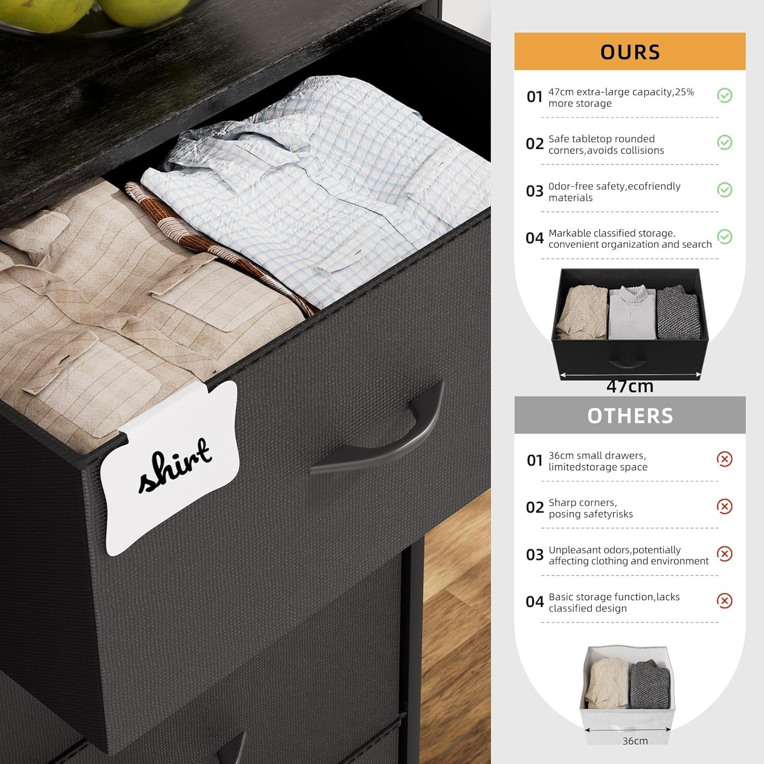 Black 8 Drawer Fabric Storage Unit w/ Labels & Pocket – 80x30x97cm