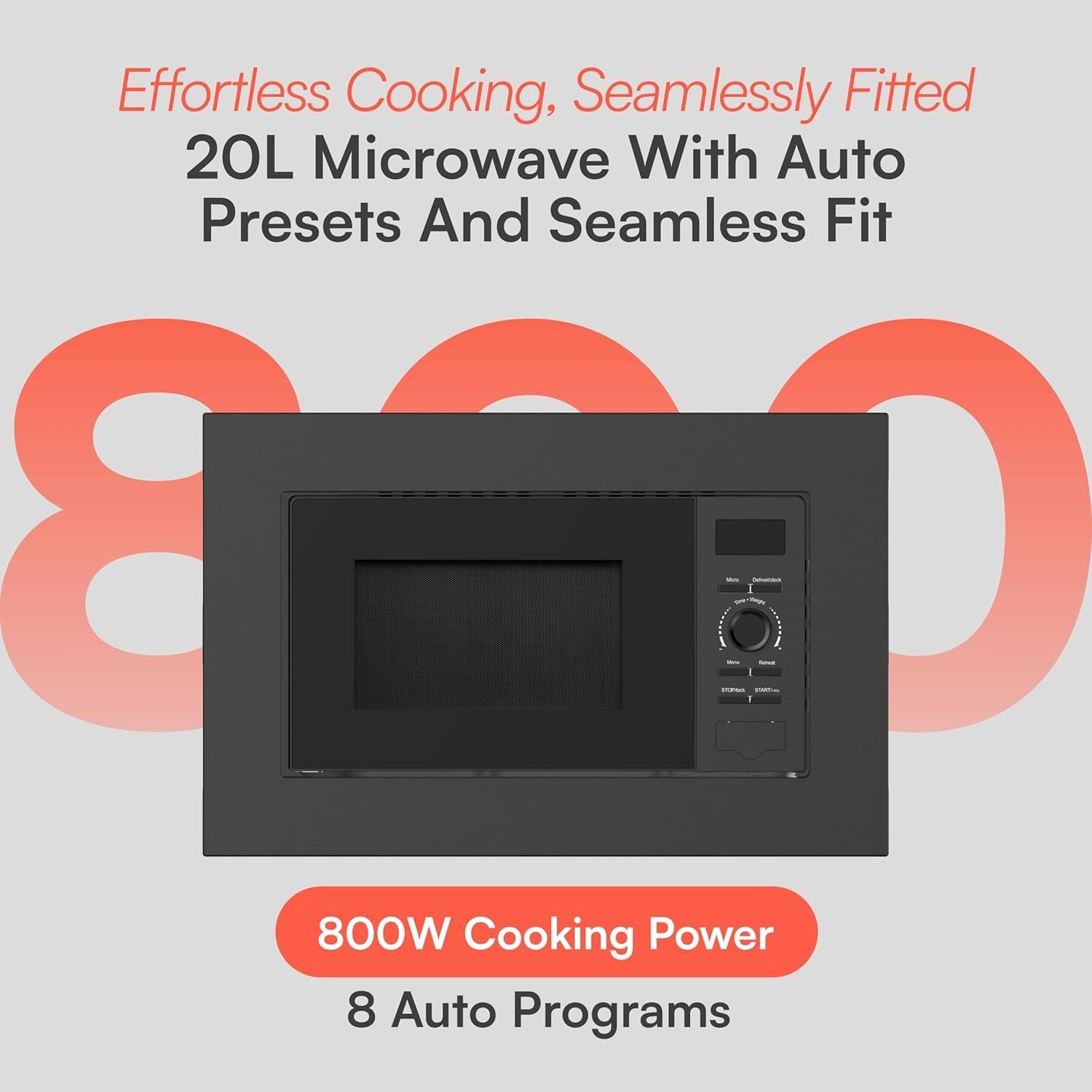 Built-In 20L Microwave Oven 800W 8 Auto Programs Child Lock Black