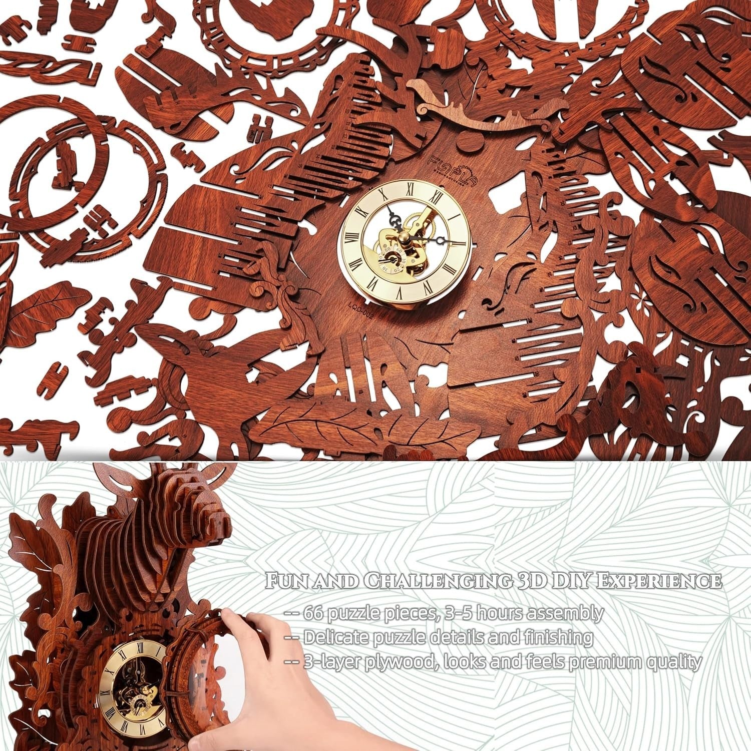 3D Wooden Elk Clock Puzzle with LED Light, DIY Home Decor Gift