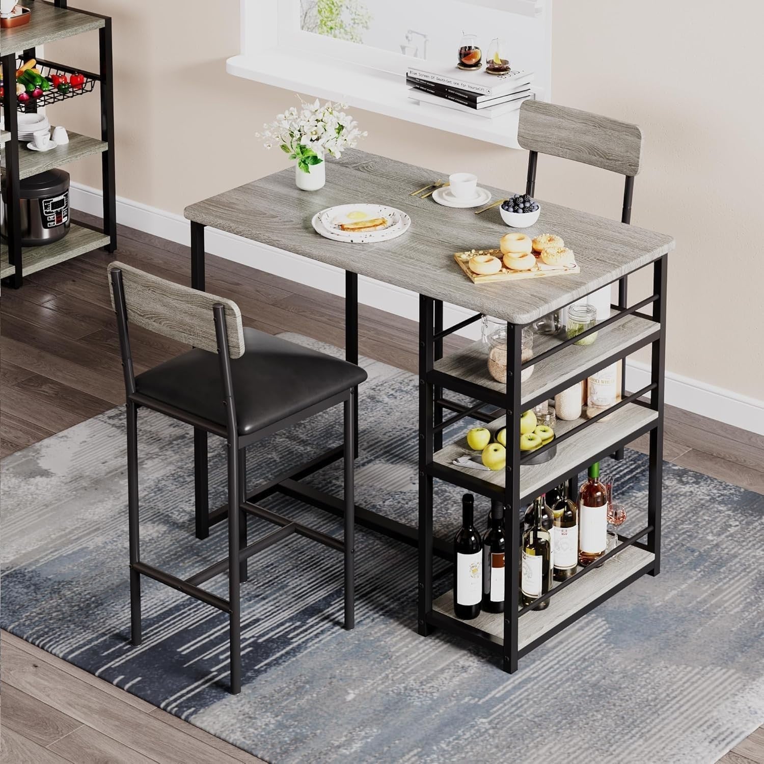 2-Seater Dining Table Set Chairs & 3-Tier Storage Shelves, Compact Grey Bistro