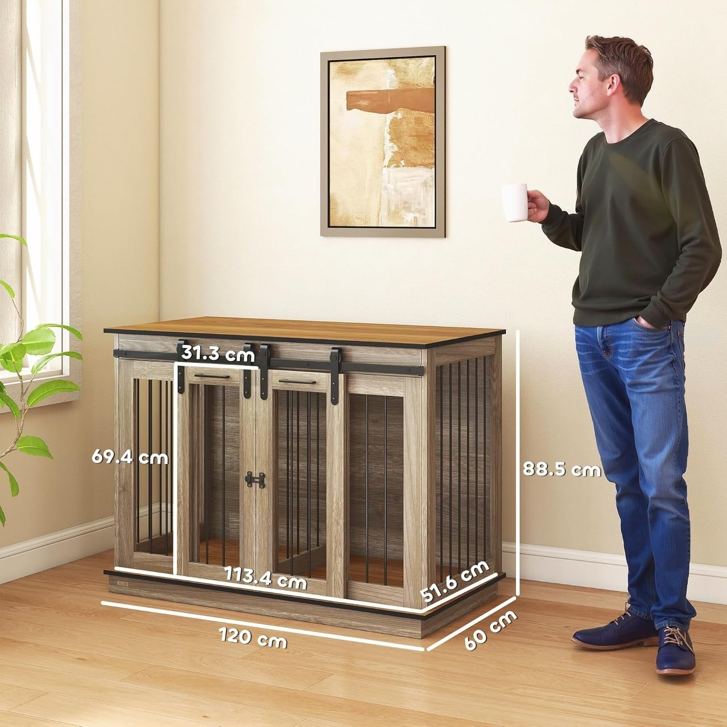 Large Oak Tone Dog Crate Furniture with Divider, Sliding Doors & Side Table