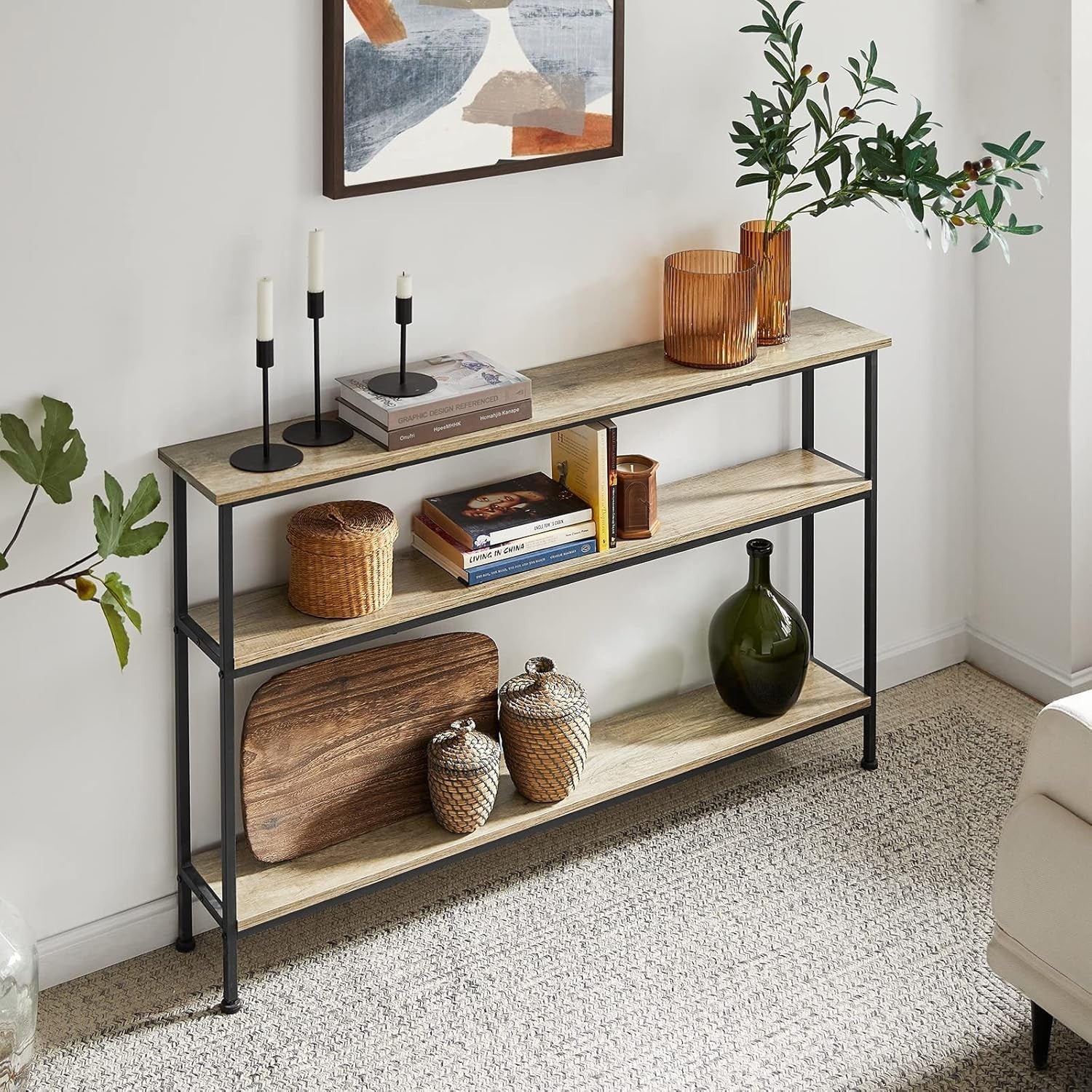 Slim 3-Tier Metal Console Table 120x20x77cm Rustic Storage Shelf