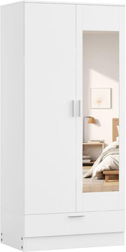 White Mirrored 2-Door Wardrobe with Drawer | Compact Bedroom Storage