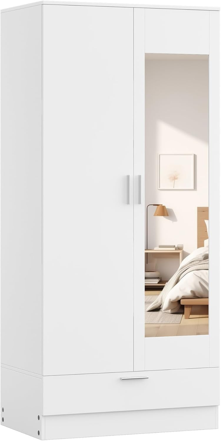 White Mirrored 2-Door Wardrobe with Drawer | Compact Bedroom Storage